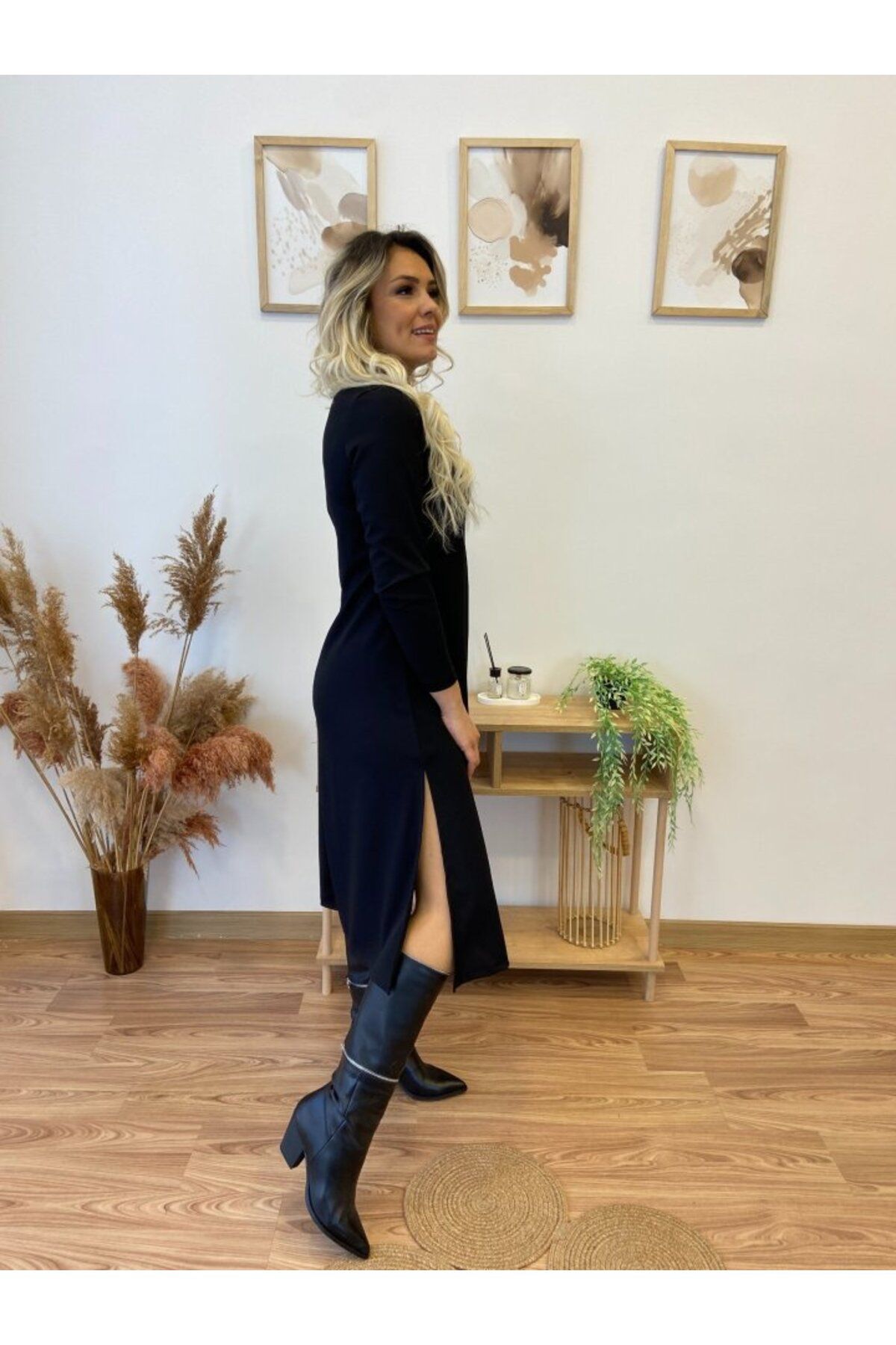 munn collection Kadın Uzun Kollu Balıkçı Yaka Omuzda Damla Detaylı Yırtmaçlı Krep Midi Elbise