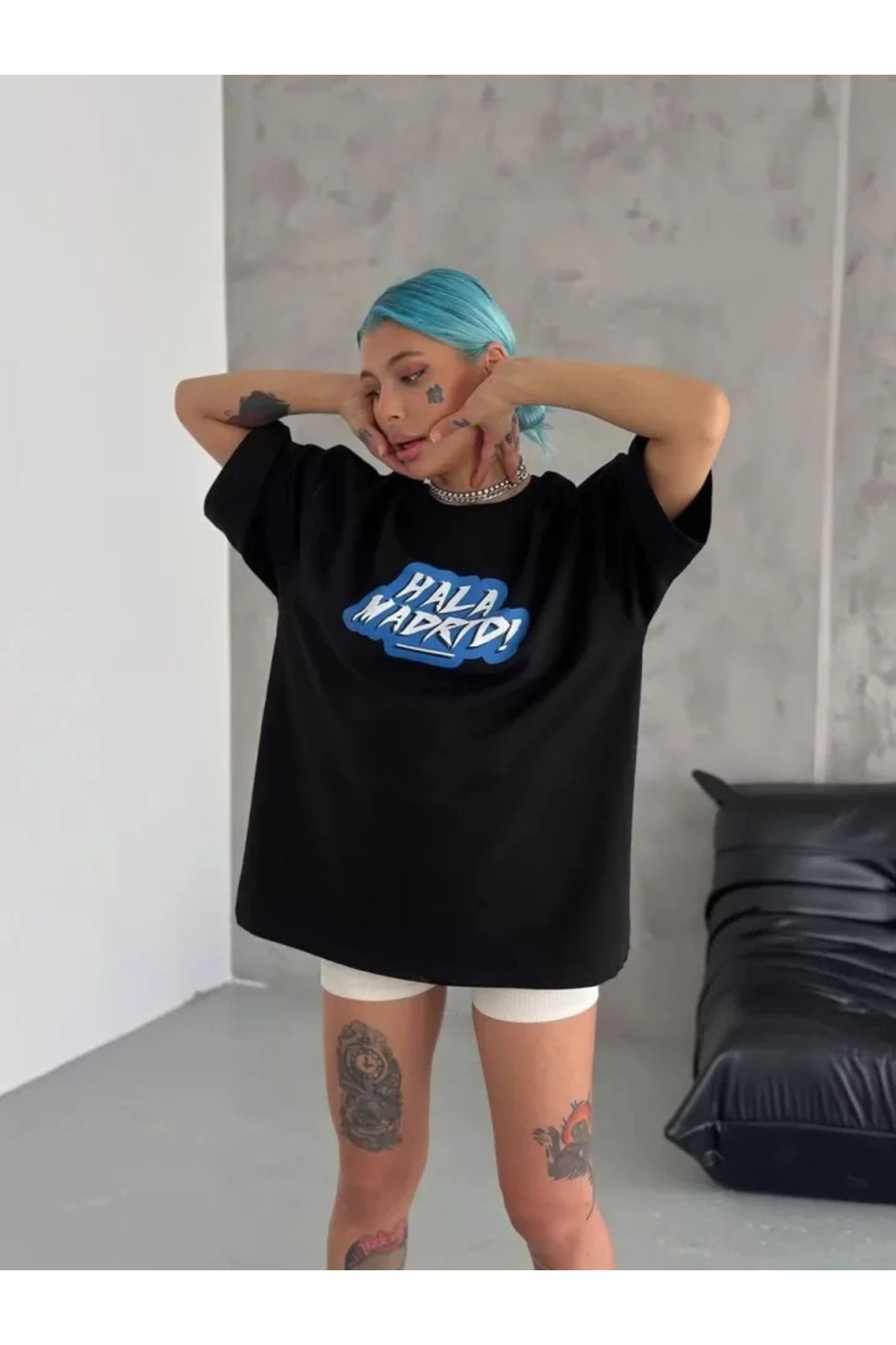 Swanky Moda Unisex Bisiklet Yaka Baskılı Oversize T-Shirt - Siyah