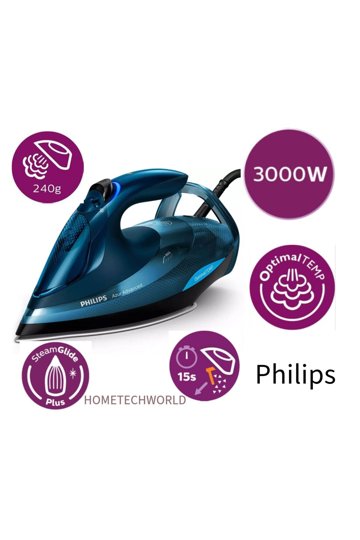 Philips Buharlı Ütü, Daha hızlı ve daha iyi sonuçlar için 3000 W,Azur Advanced Lacivert ütü