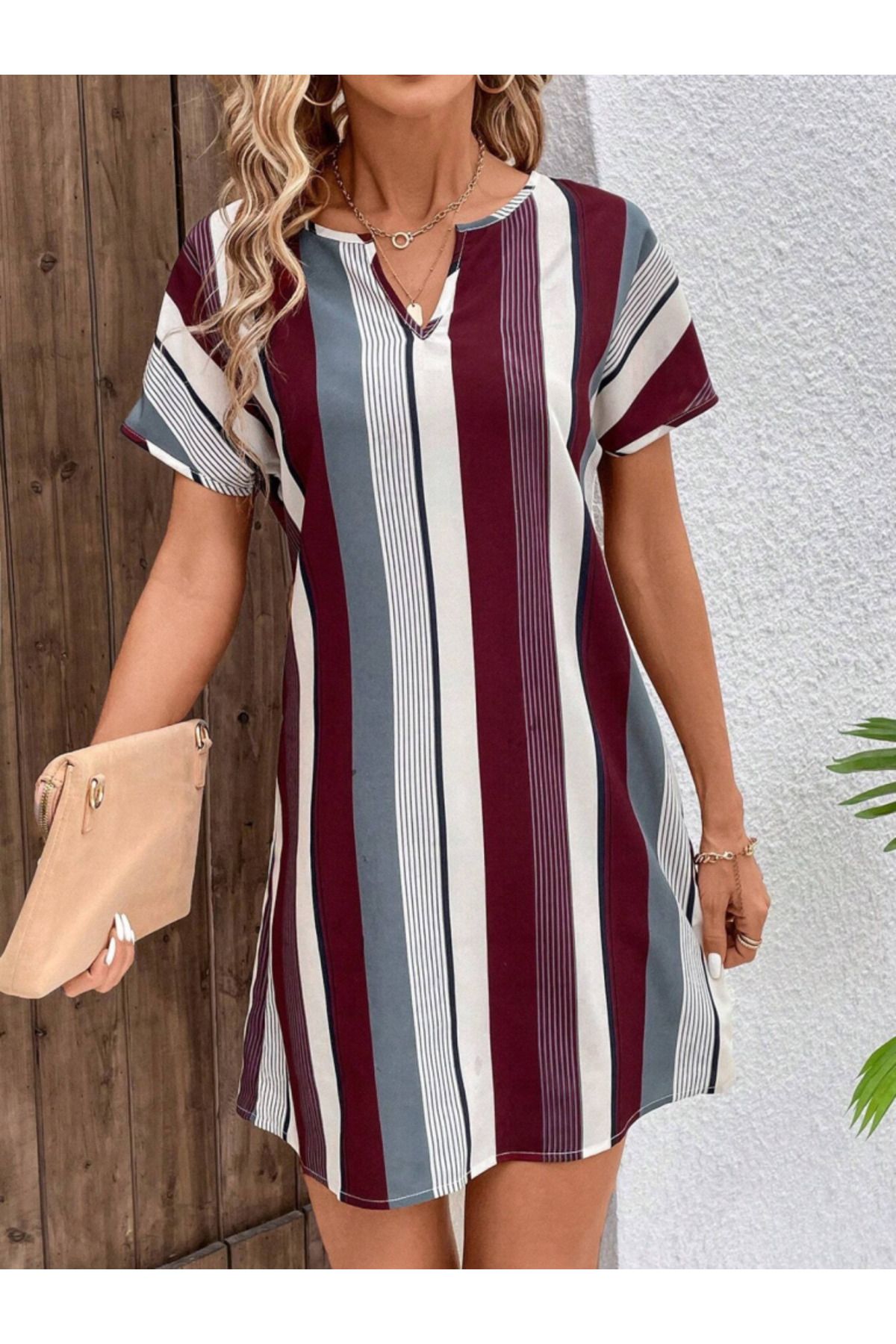 velmorafashion Kadın Kısa Kollu V Yakalı çizgi Baskılı Süprem Elbise