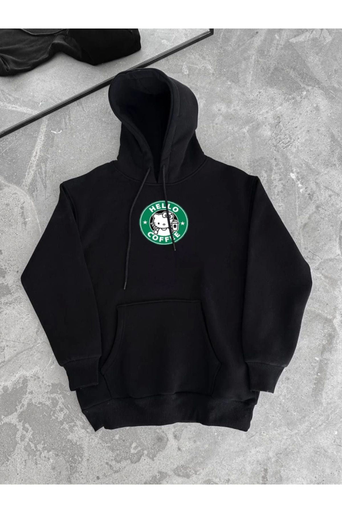 gelirr Üç İplik Penye Uzun Kol Kapşonlu SweatShirt - Siyah