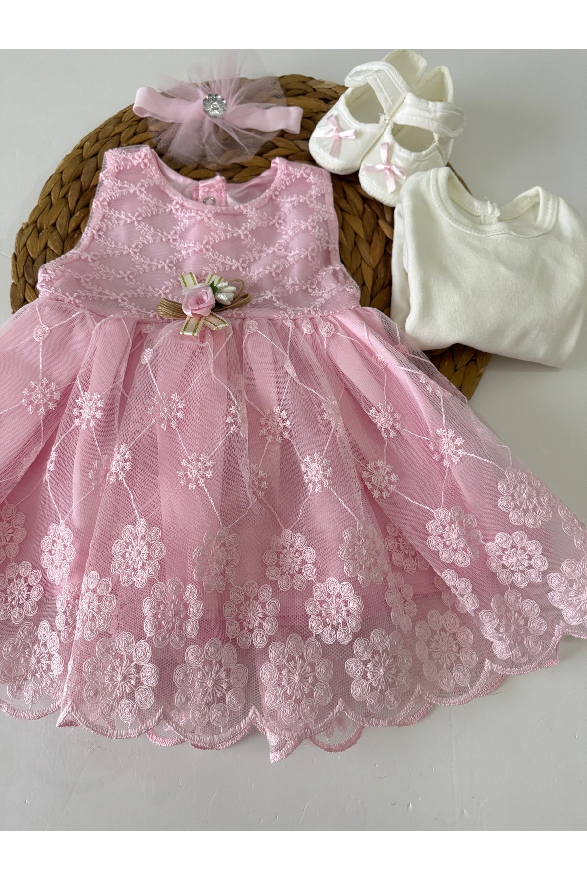 PİLEKİ BABY Kız Bebek 4 Parça Yenidoğan 0 4 Ay Gelinlik Prenses Elbise Mevlütlük Set Dantel fotoğrafı 3 (önizleme)