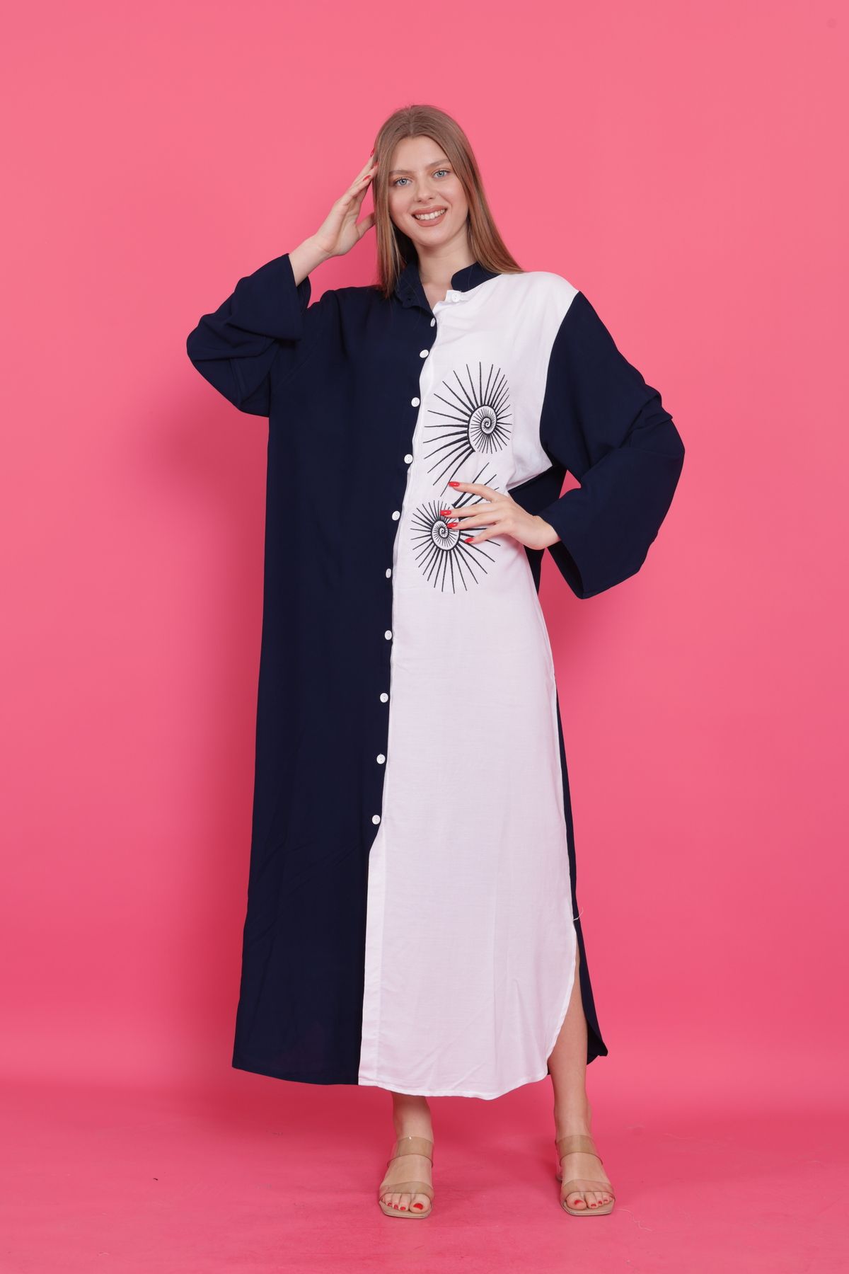 mervemoda-Γυναικείο καλοκαιρινό υφαντό φόρεμα με κουμπιά μπροστά 8