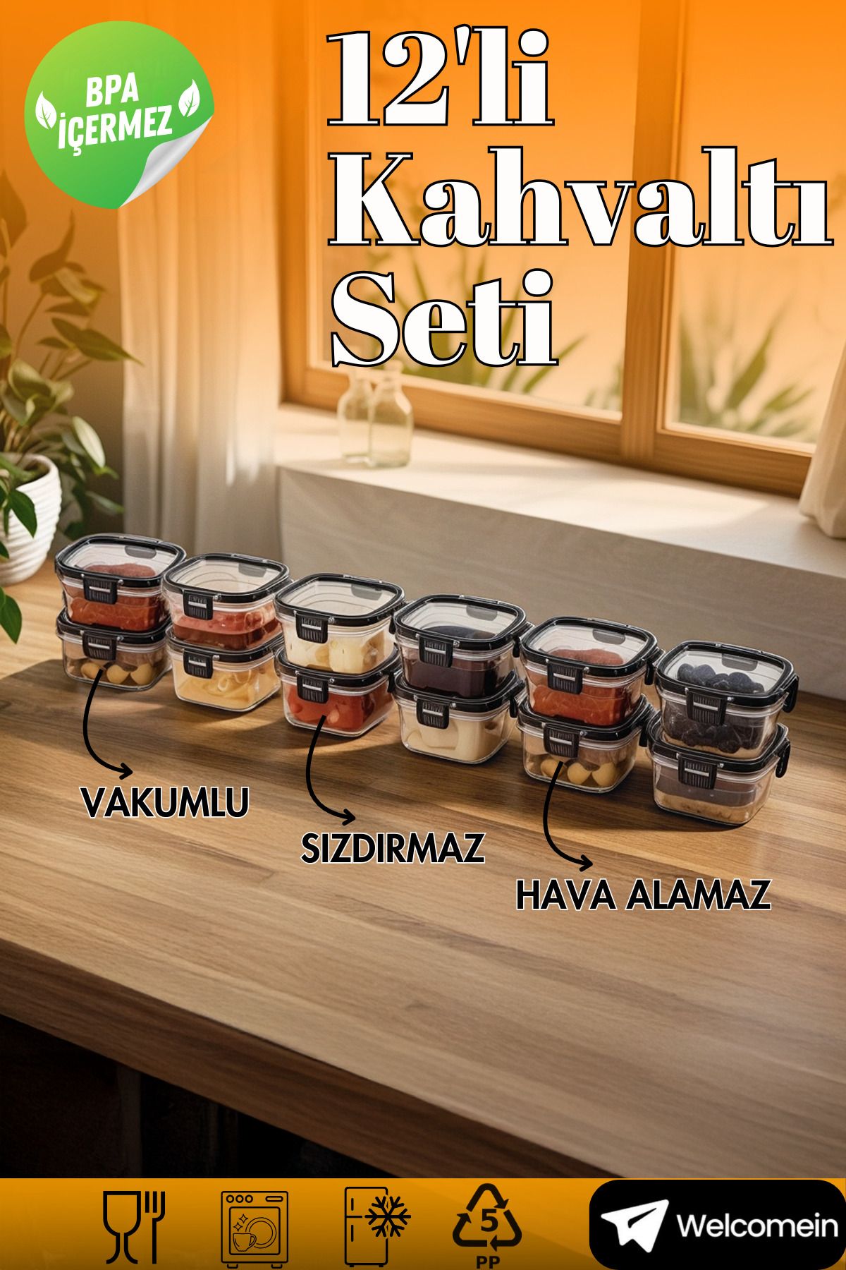 welcomein 12'li Vakumlu Kapak Hava Almaz Sızdırmaz 300 ml. Lüks Kahvaltılık Saklama Seti- 12 Adet  Set