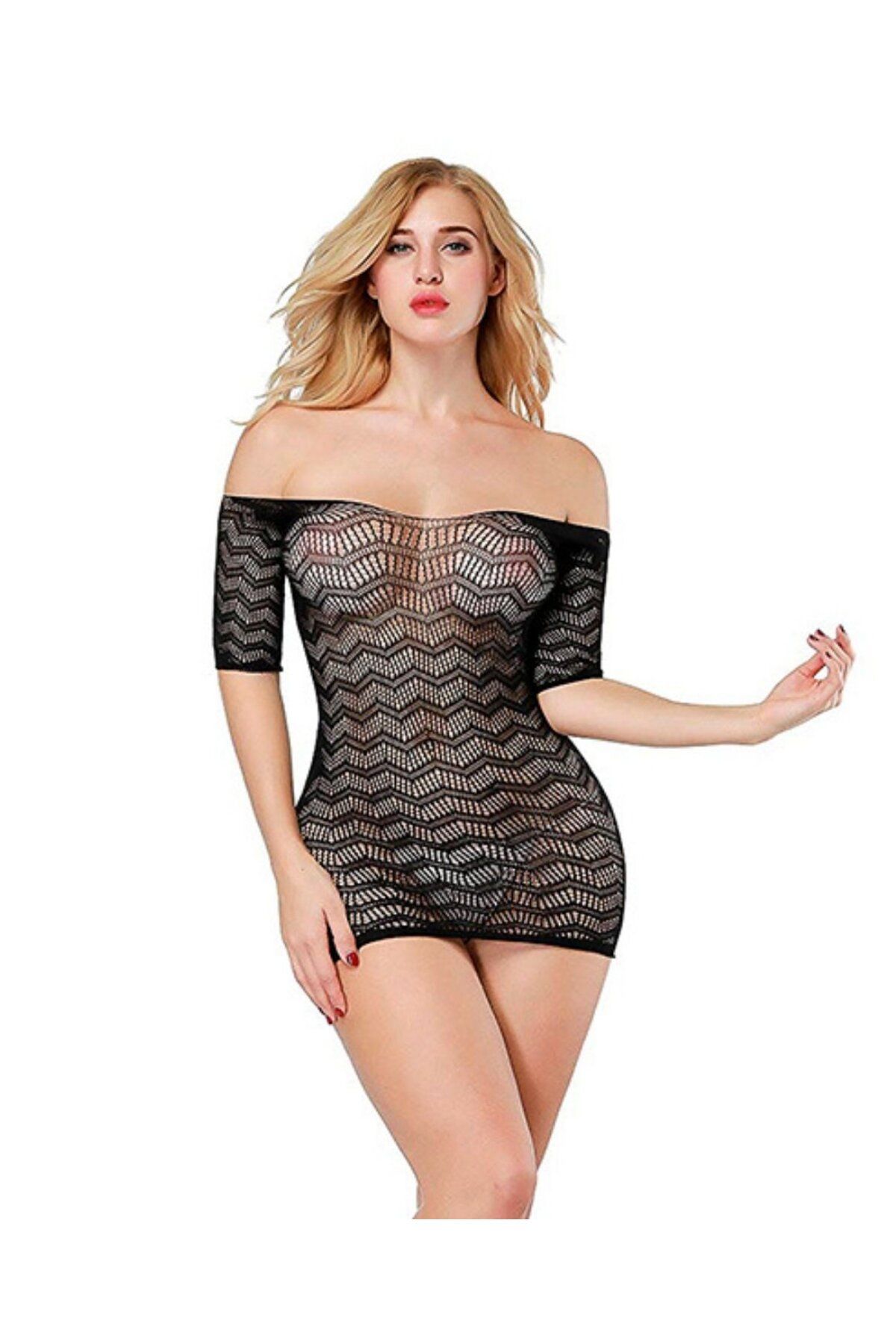 İntive Lingerie-Mini ciorapi/rochie de corp decoltat din plasă cu model în zig-zag 1