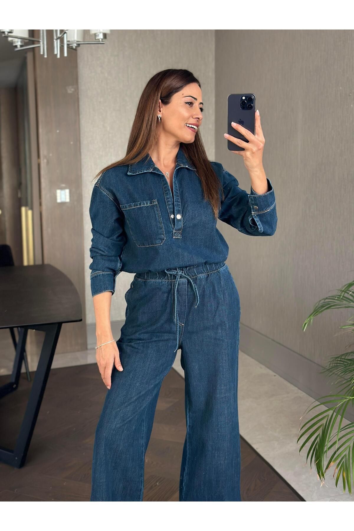 Forlady Butik Lacivert Denim Gömlek Bol Paça Pantolon Kadın Alt Üst Takım