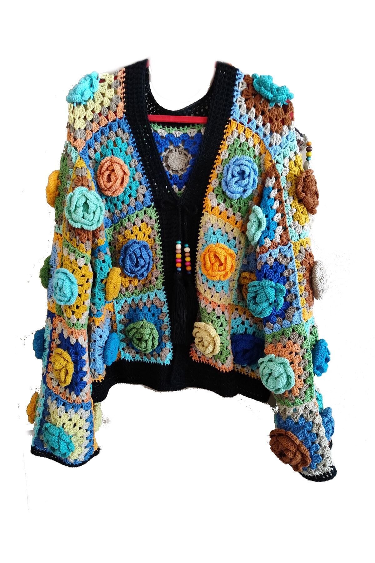 drt tasarım-3D Rose Motif Design Hand Knitted Seasonal Cardigan 4