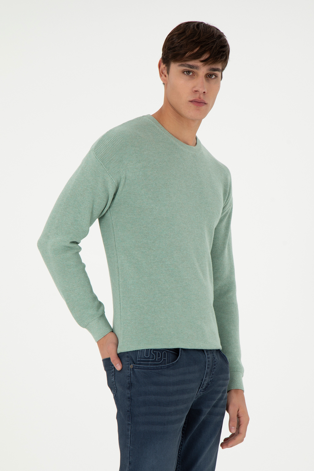 یو اس پولو پلیور مردانه یقه گرد معمولی فیت آبی روشن ملانژ 50298267-VR112