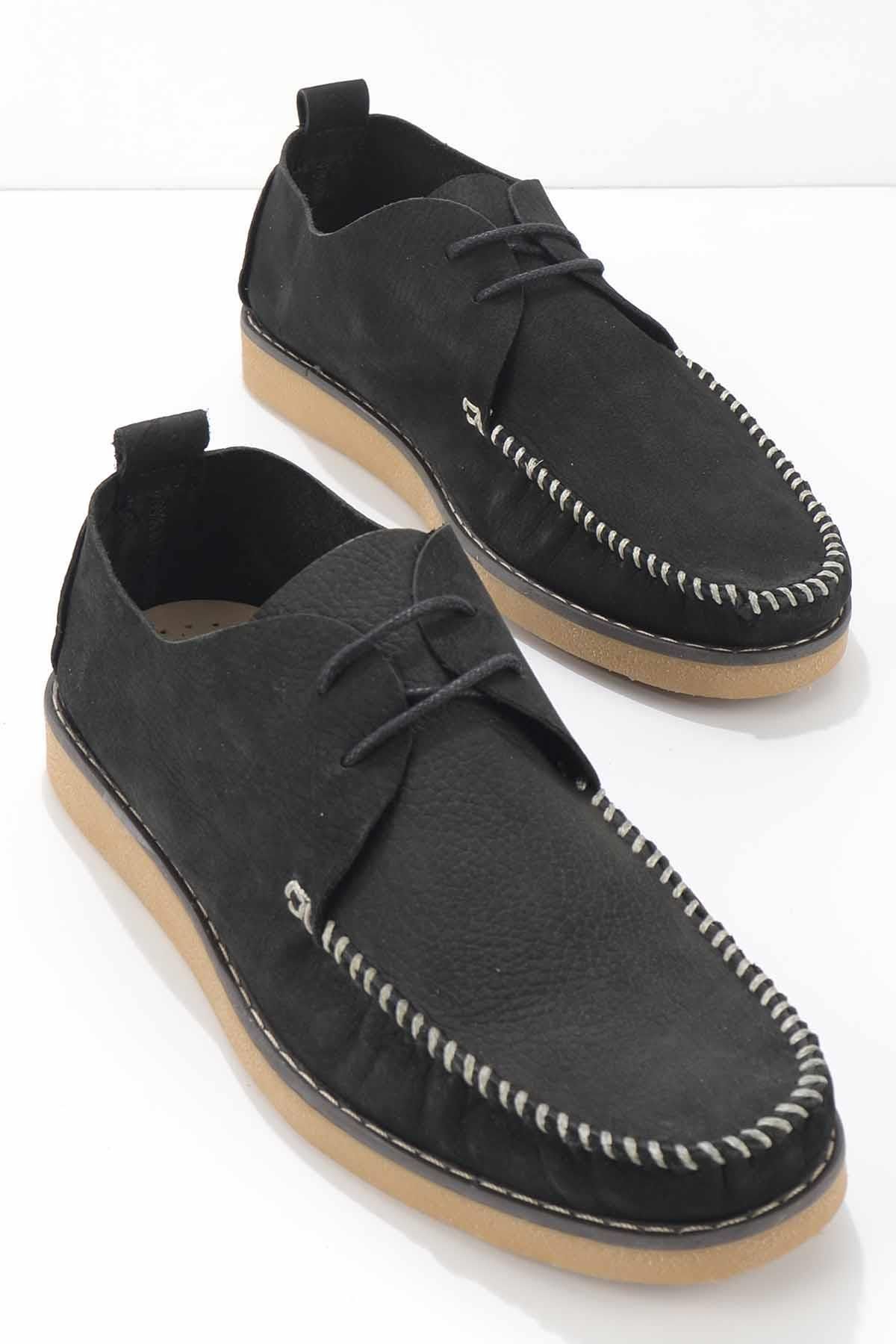 کفش راحتی مردانه چرم اصل مشکی Nubuck E01810077701 Bambi