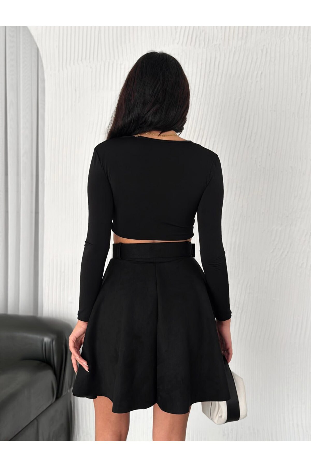 Ozy Fashion  Kadın Siyah Renk Midi Boy Kemerli Süet Kloş Etek - Görsel 7