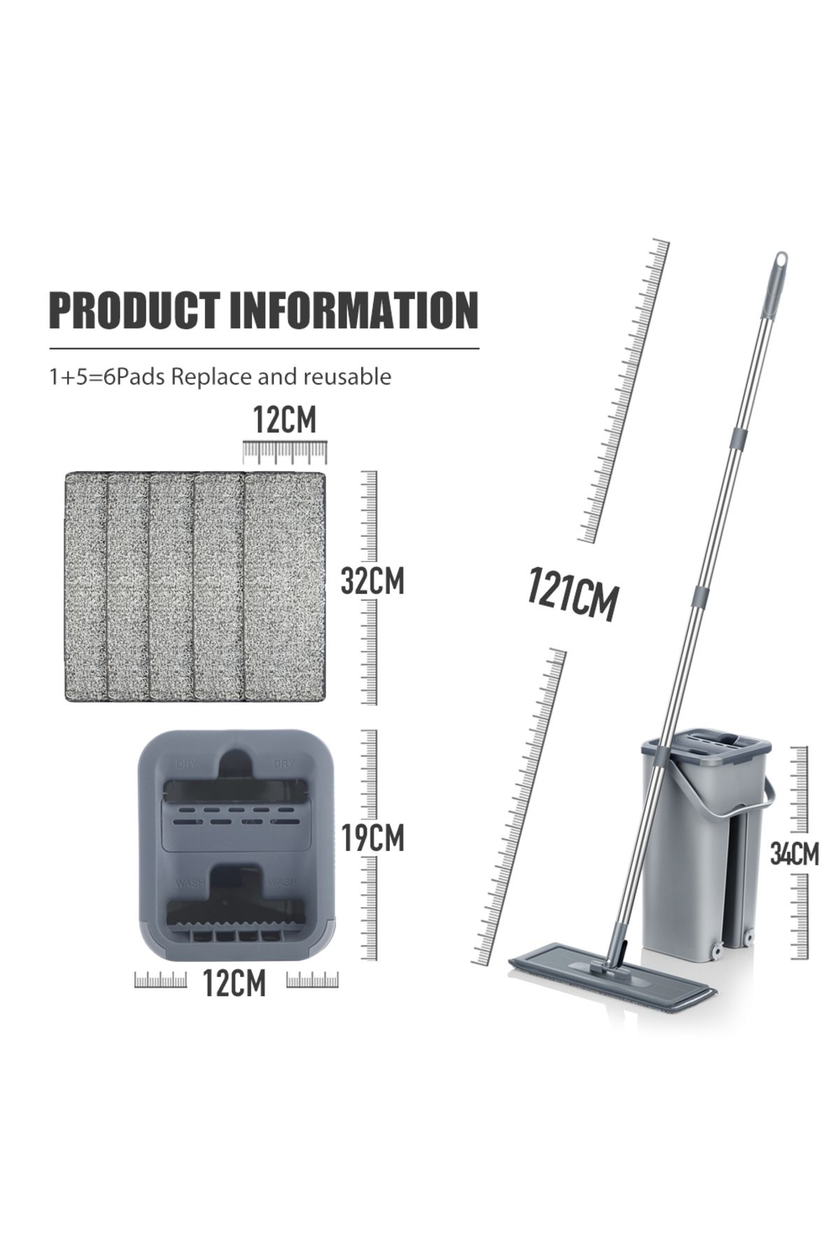 Choice-Sdarisb Grey Hand Free Flat Floor Mop And Bucket Set With 6 Washable Microfiber Pads Clean Tools 7