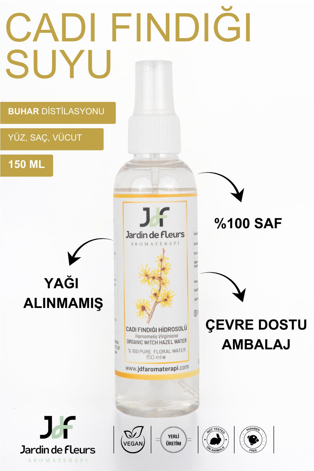 JARDIN DE FLEURS Cadı Fındığı Suyu 150 ml %100 Saf Aromaterapi Hidrosolü, Hassas Ciltler İçin, Gözenek Bakımı