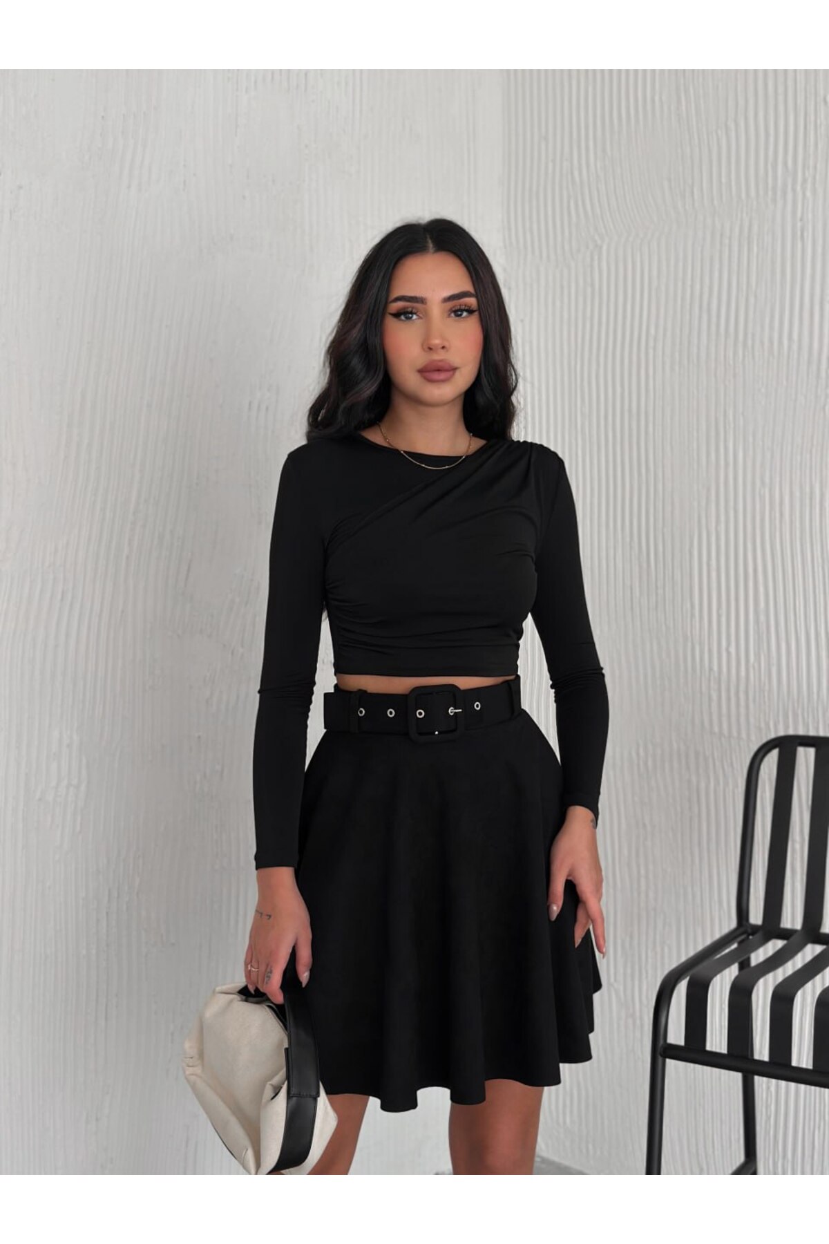 Ozy Fashion  Kadın Siyah Renk Midi Boy Kemerli Süet Kloş Etek - Görsel 6