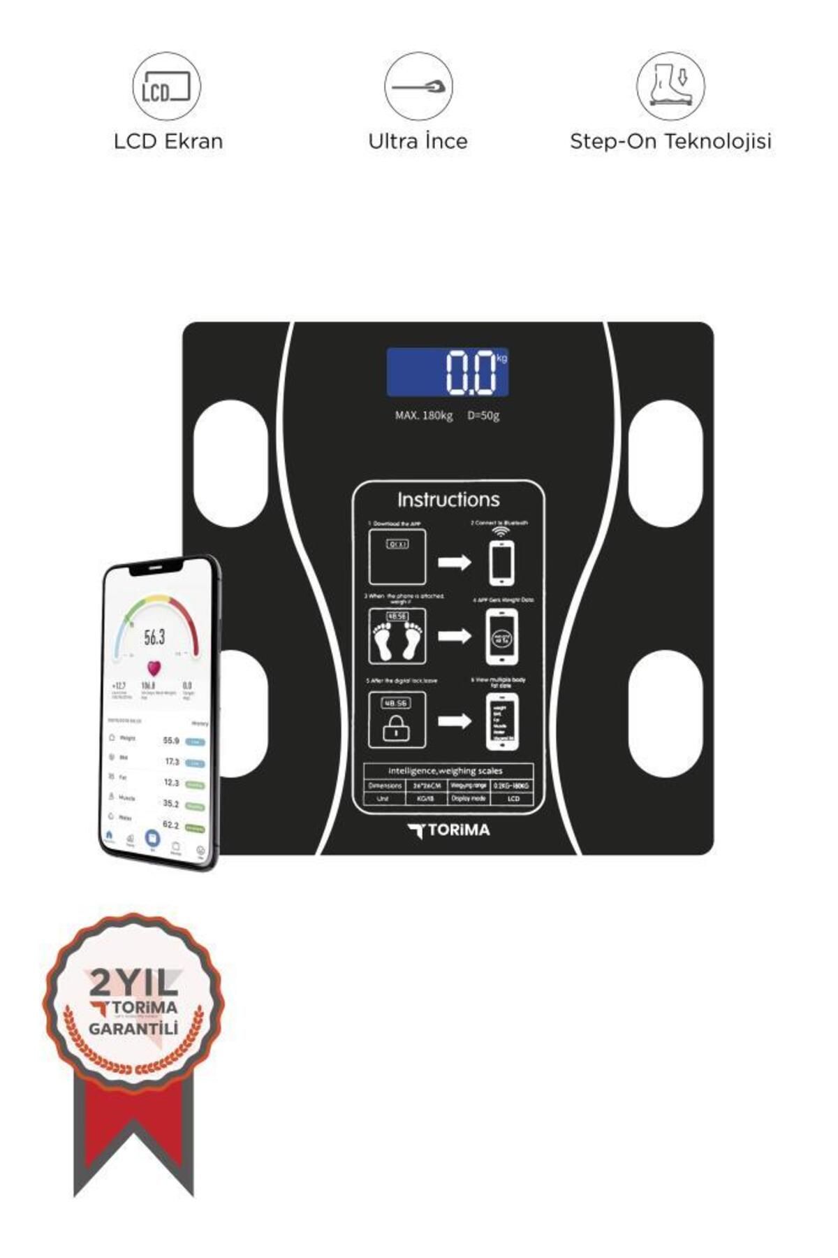 Torima XK-26C Siyah Dijital Baskül Yağ Kas Su Vücut Kitle İndeksi Kilo Ölçer Bluetooth Tartı