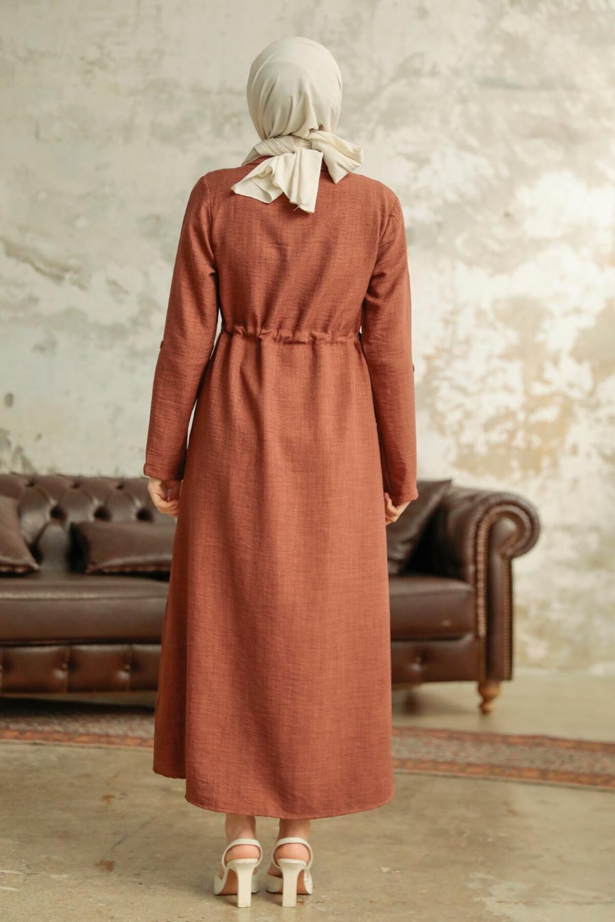 Neva Style-Καφέ Καπάκι Hijab με τσέπη 11341kh 4