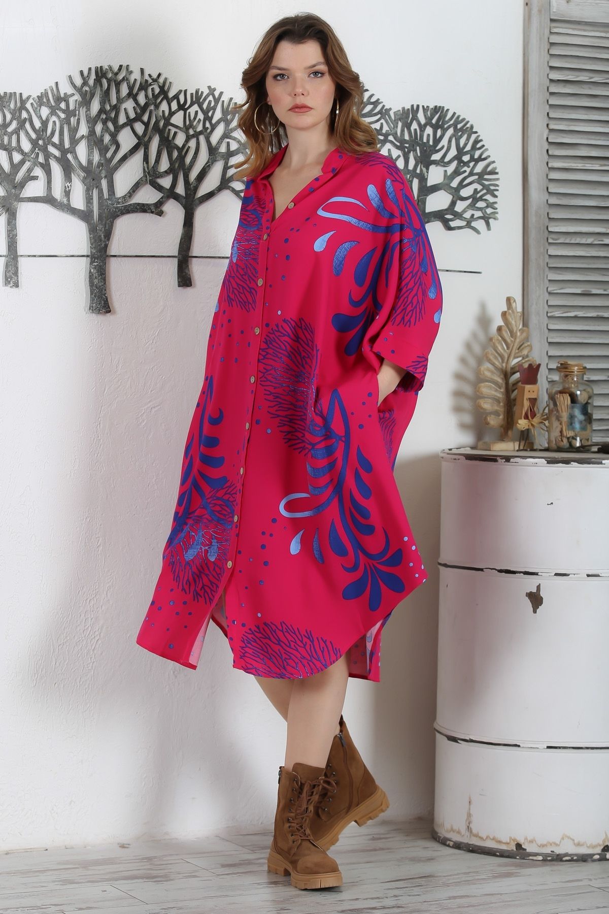 Chiccy-Fuchsia Prevailing Collar Oversize Woven Dress - 3/4 Sleeves and Hidden Pockets 121 87 6