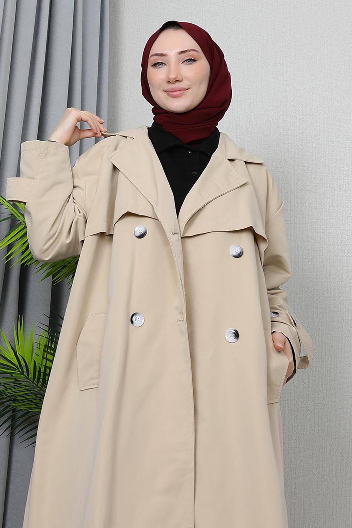GİZ AGİYİM-Μπεζ διπλό στήθος Gabardine Trench 5