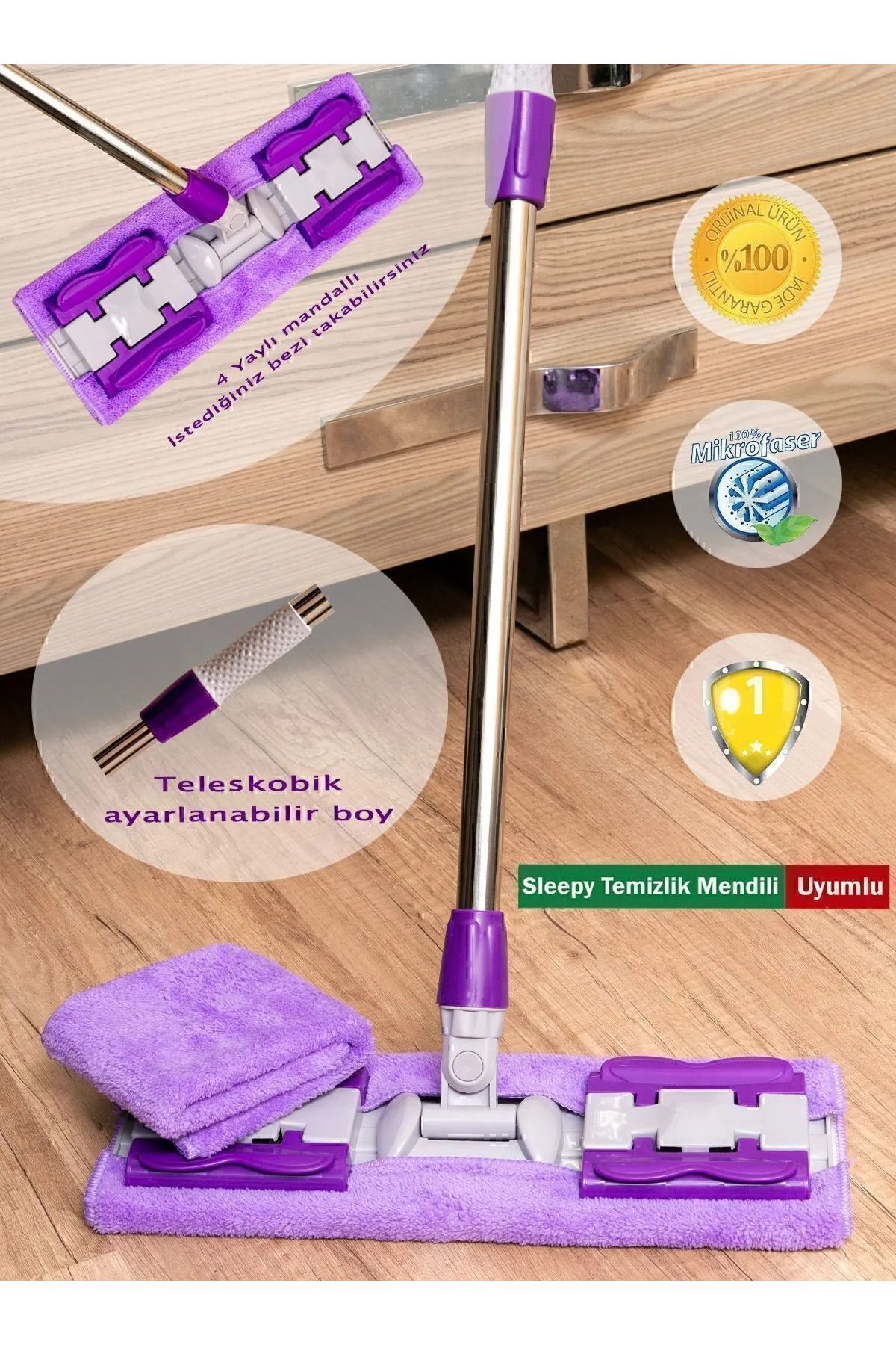 teknotrust Yedek Bezli Mikrofiber Yer ve Duvar Temizleme Mop, 4 Mandallı, Cam ve Fayans Uyumlu