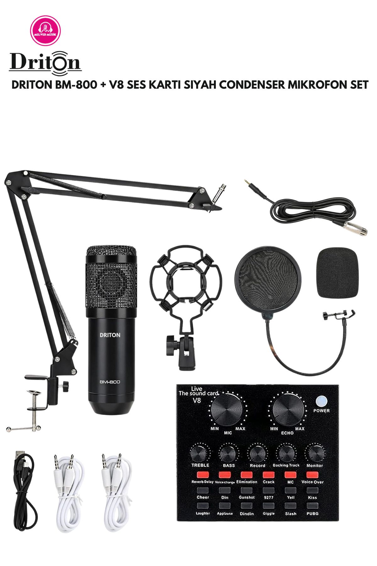 DRİTON Bm-800 + V8 Ses Karti Si̇yah Podcast Ti̇ktok Youtube Yayinci Condenser Mi̇krofon Ve Ses Kart Set