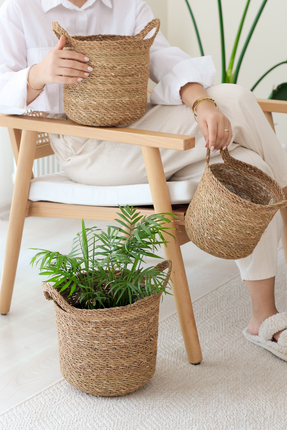 DECHAUS Dekoratif Doğal El Örmesi Hasır 3 Lü Saksı Sepet Seti Kendinden Kulpl...