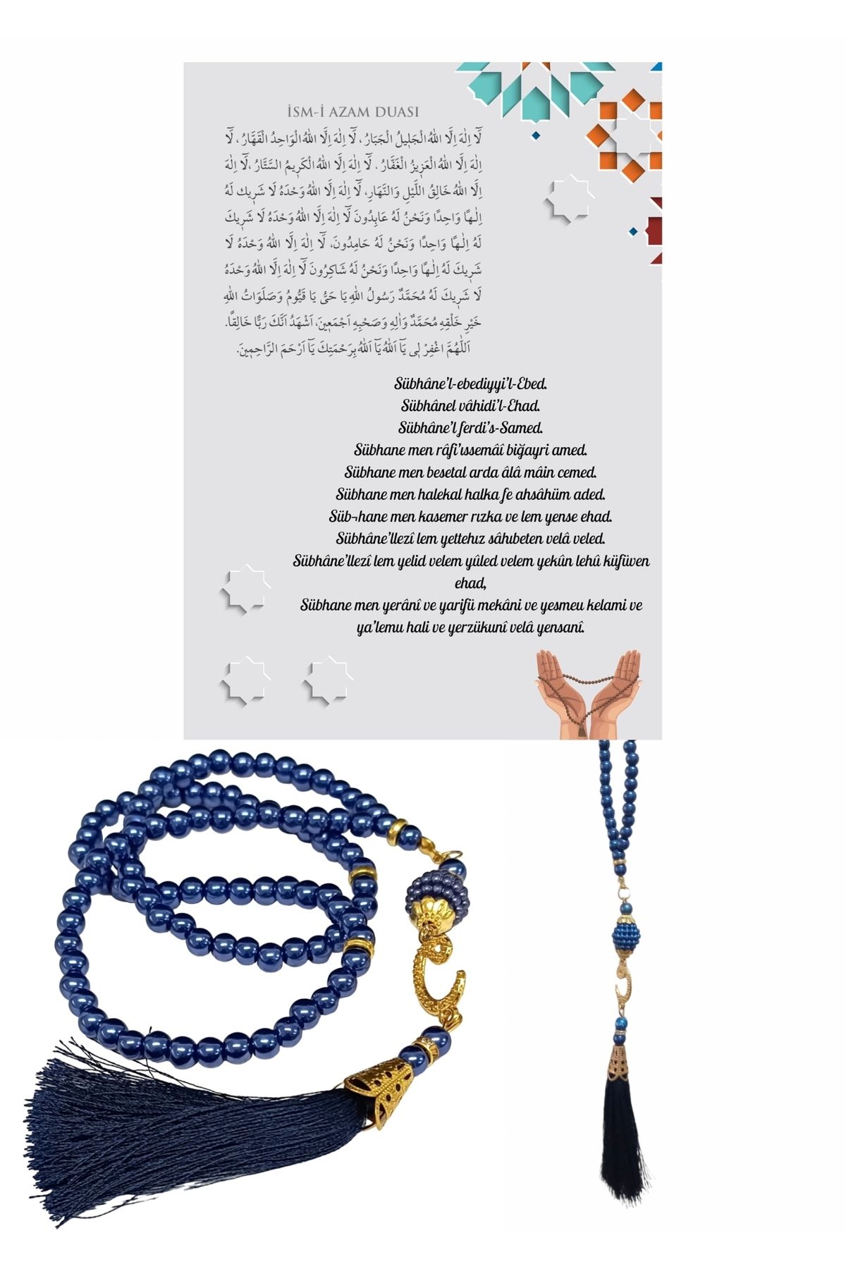 P Parla Namaz Tesbihi Vavlı 99'lu Cam İncili İsmi Azam Dua Kartı ile Lacivert Renk Hediyelik