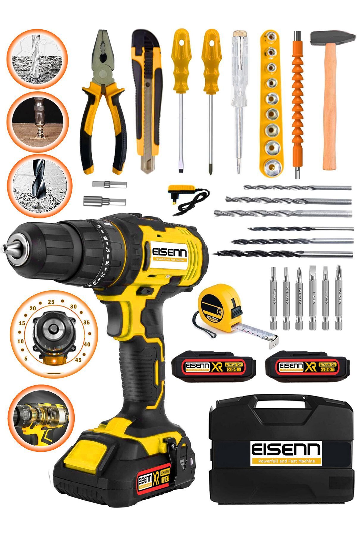 woodhub Alman Teknoloji Jake E-1637 Bakır Sargı Motor 2 Akülü Seri Vidalama Matkap 37 Pcs Combo Set