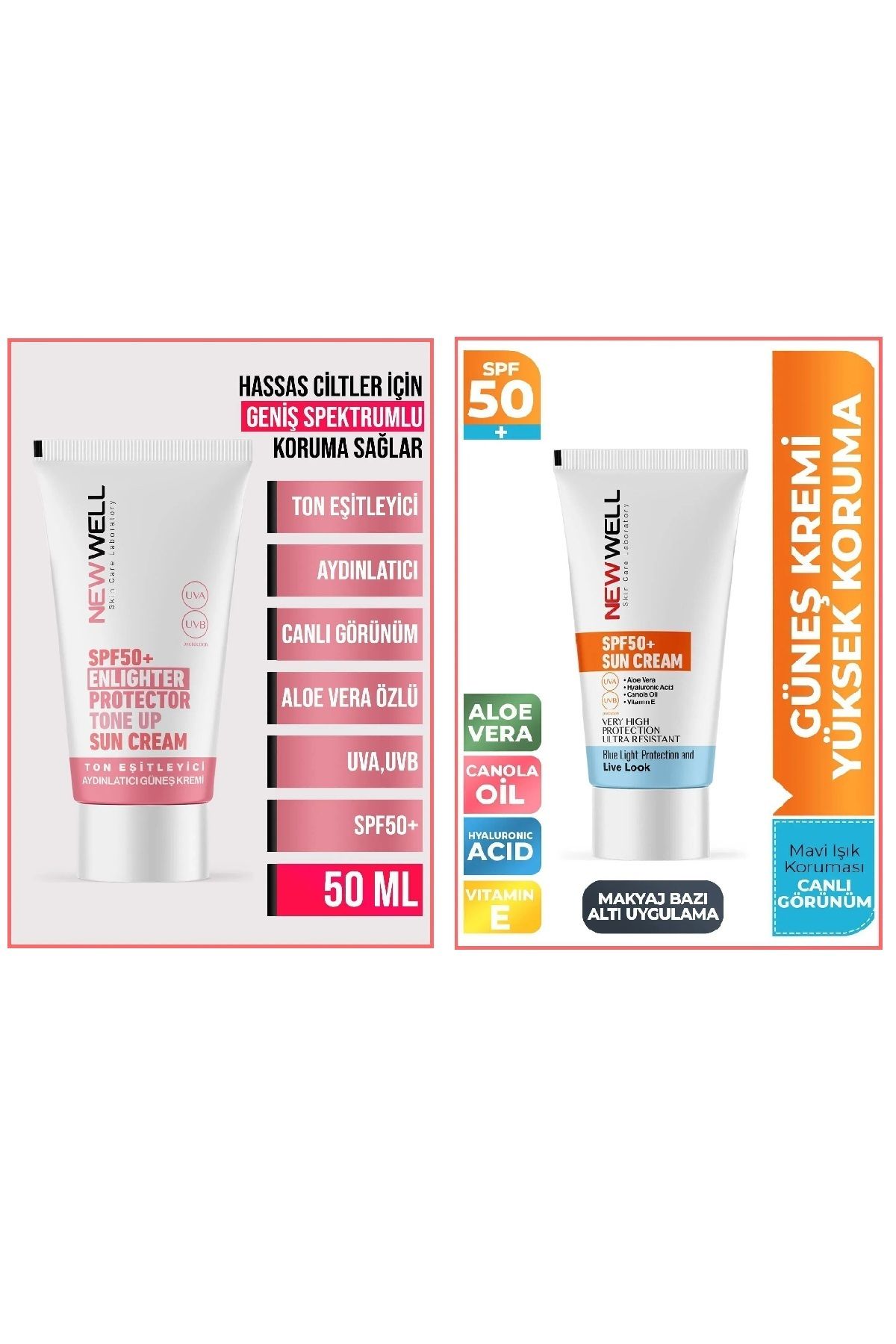 New Well Yüksek Koruma Spf 50+ Aloe Vera. Ve Ton Eşitleyici Spf50+ Aydınlatıcı Pembe Yüz Güneş Kremi 50 Ml