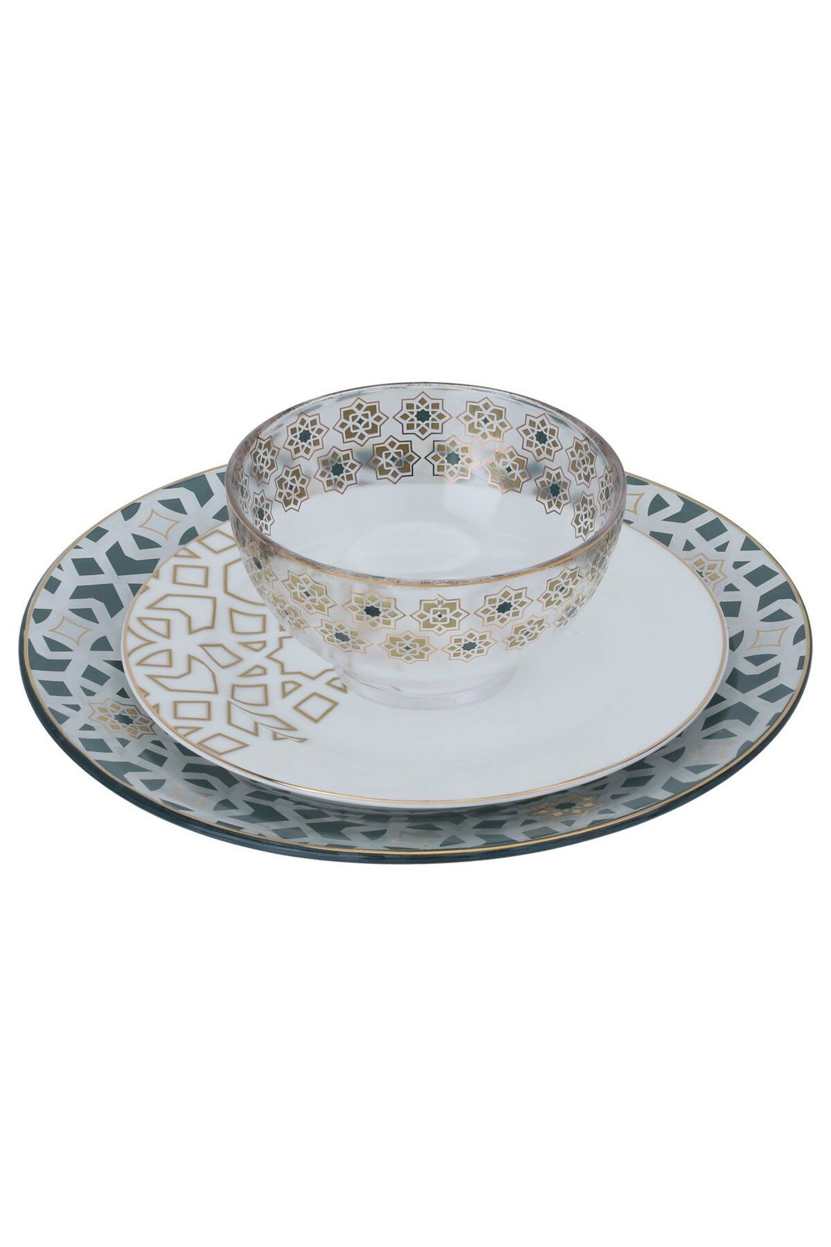 Alsaif Gallery-A set of circular porcelain serving dishes with a green and golden pattern, 3 pieces 2