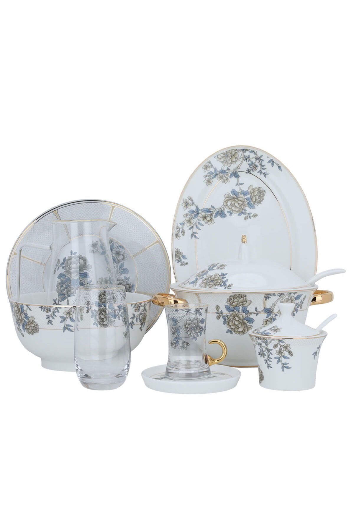Alsaif Gallery-White porcelain dining set with a rose pattern and a golden font, 61 pieces 6