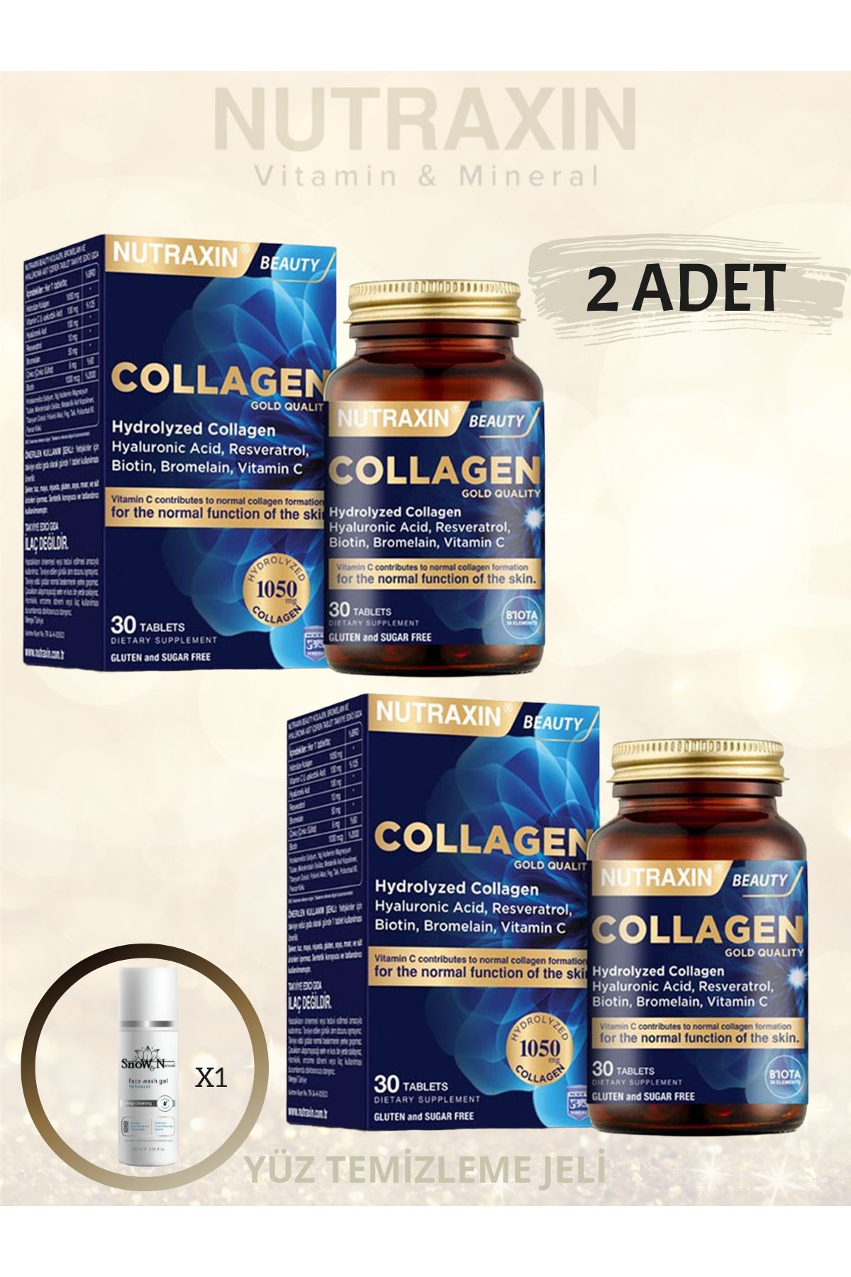 Nutraxin Collagen 30 Tablet Hidrolize kollajen içerikli takviye edici gıdadır. ( 2 ADET) + YÜZ TEMİZLEME JELİ