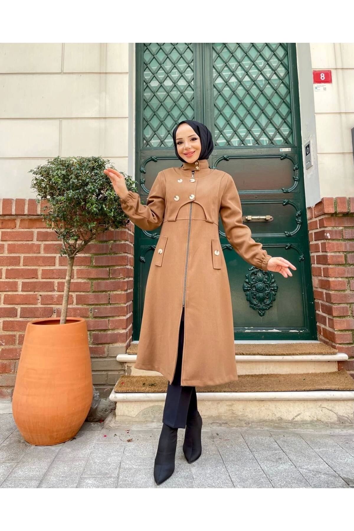 Nevayla Moda-Intermediate Size Buttoned Front Imported Cashmere Coat / M0111 - Tan 3