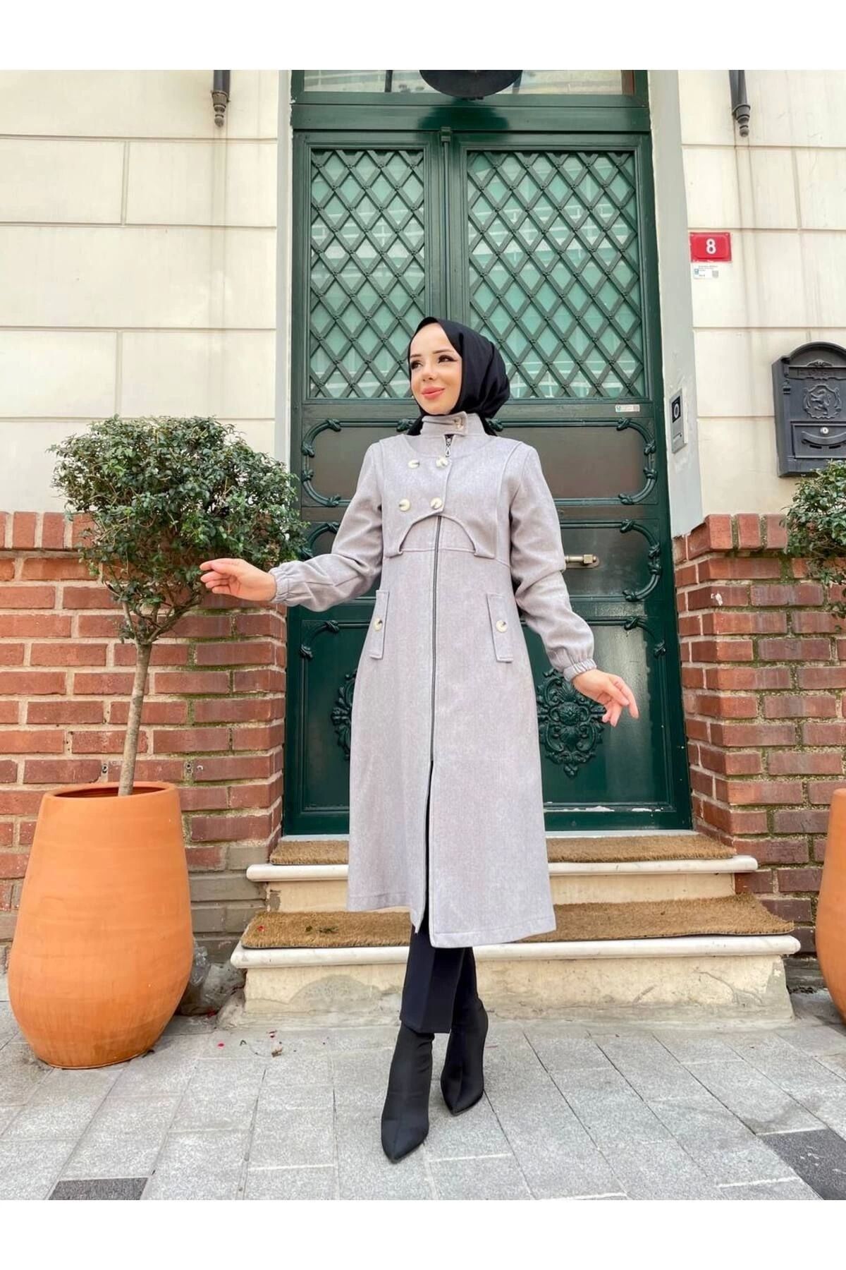 Nevayla Moda-Intermediate Size Buttoned Front Imported Cashmere Coat / M0111 - Gray 2