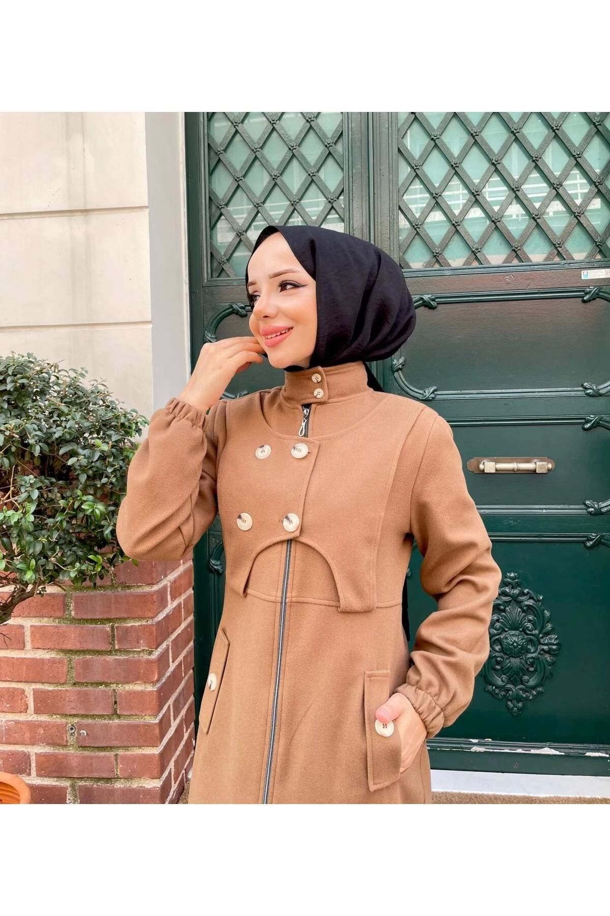 Nevayla Moda-Intermediate Size Buttoned Front Imported Cashmere Coat / M0111 - Tan 4