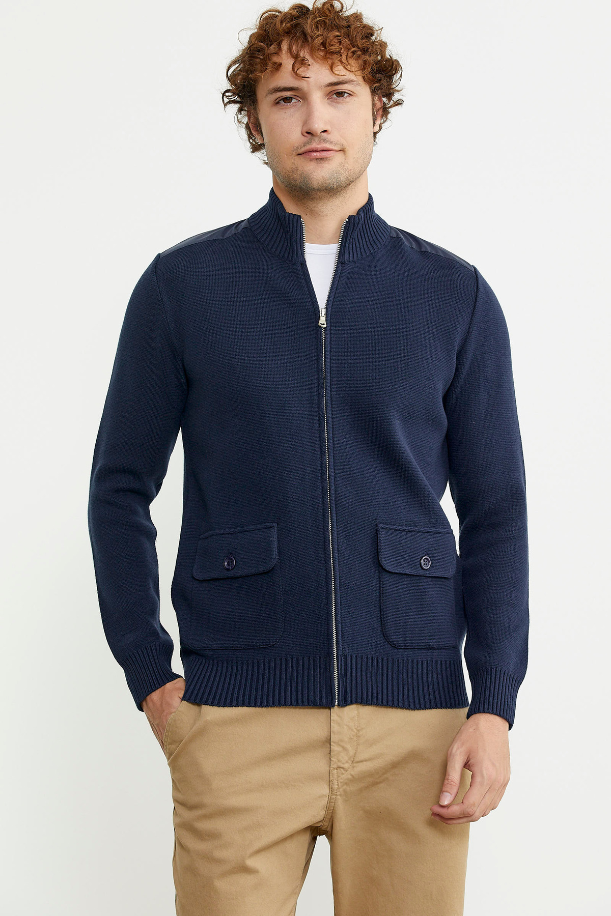 Sementa-Woolen Stand Collar Zippered Pocket Knitwear Coat - Navy Blue 2