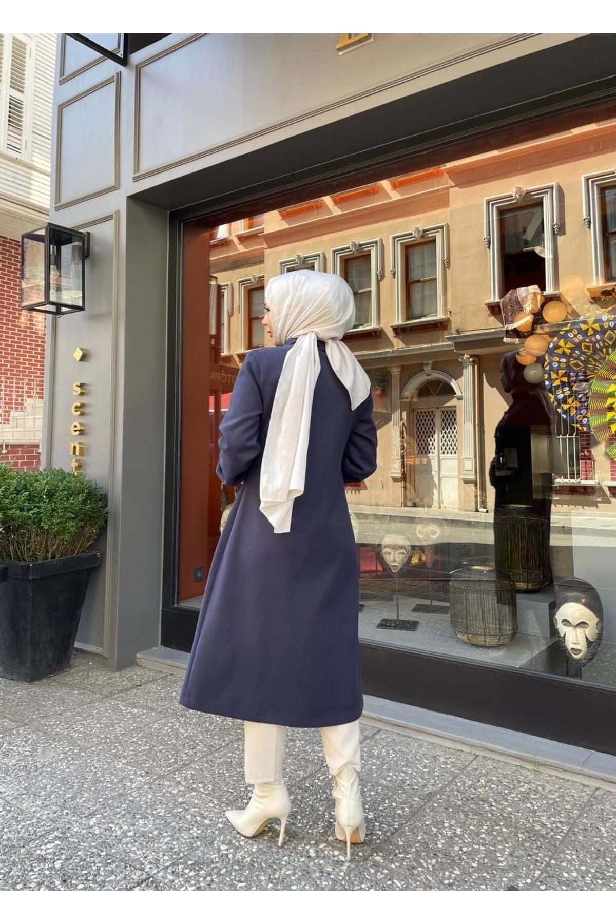 Nevayla Moda-Intermediate Size Buttoned Front Imported Cashmere Coat / M0111 - Navy Blue 7