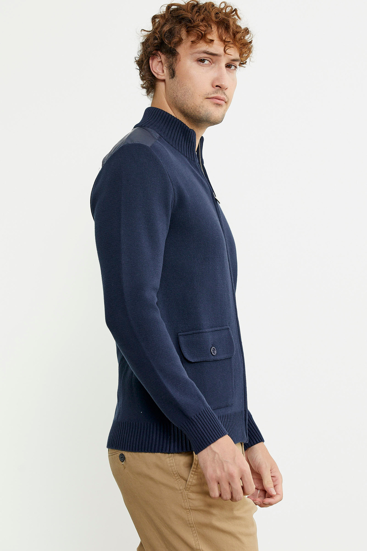 Sementa-Woolen Stand Collar Zippered Pocket Knitwear Coat - Navy Blue 4