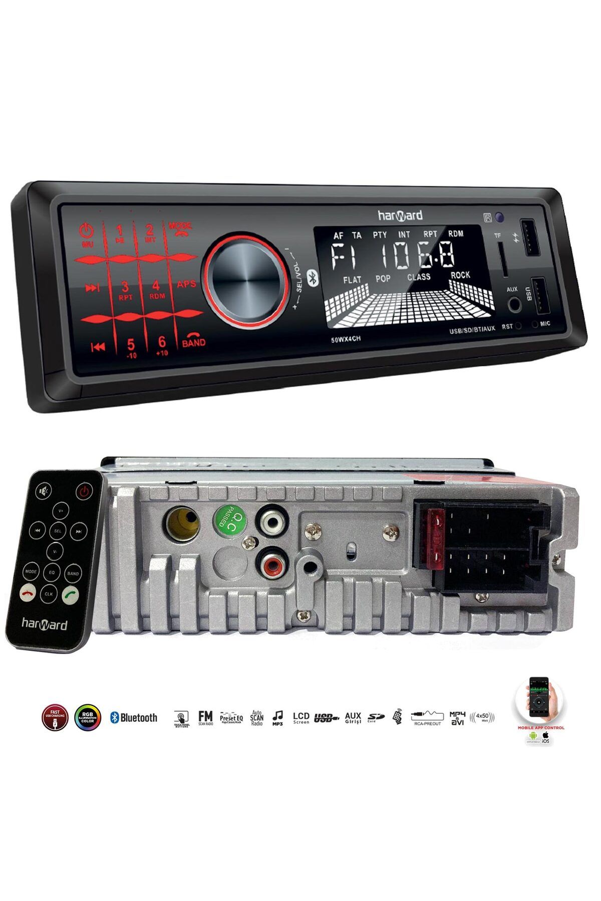 NZM TİCARET Harward Hr-Mx653 Oto Teyp 4X50 Watt Bluetooth Mobil Aplikasyon 2Xusb Sd Fm Aux