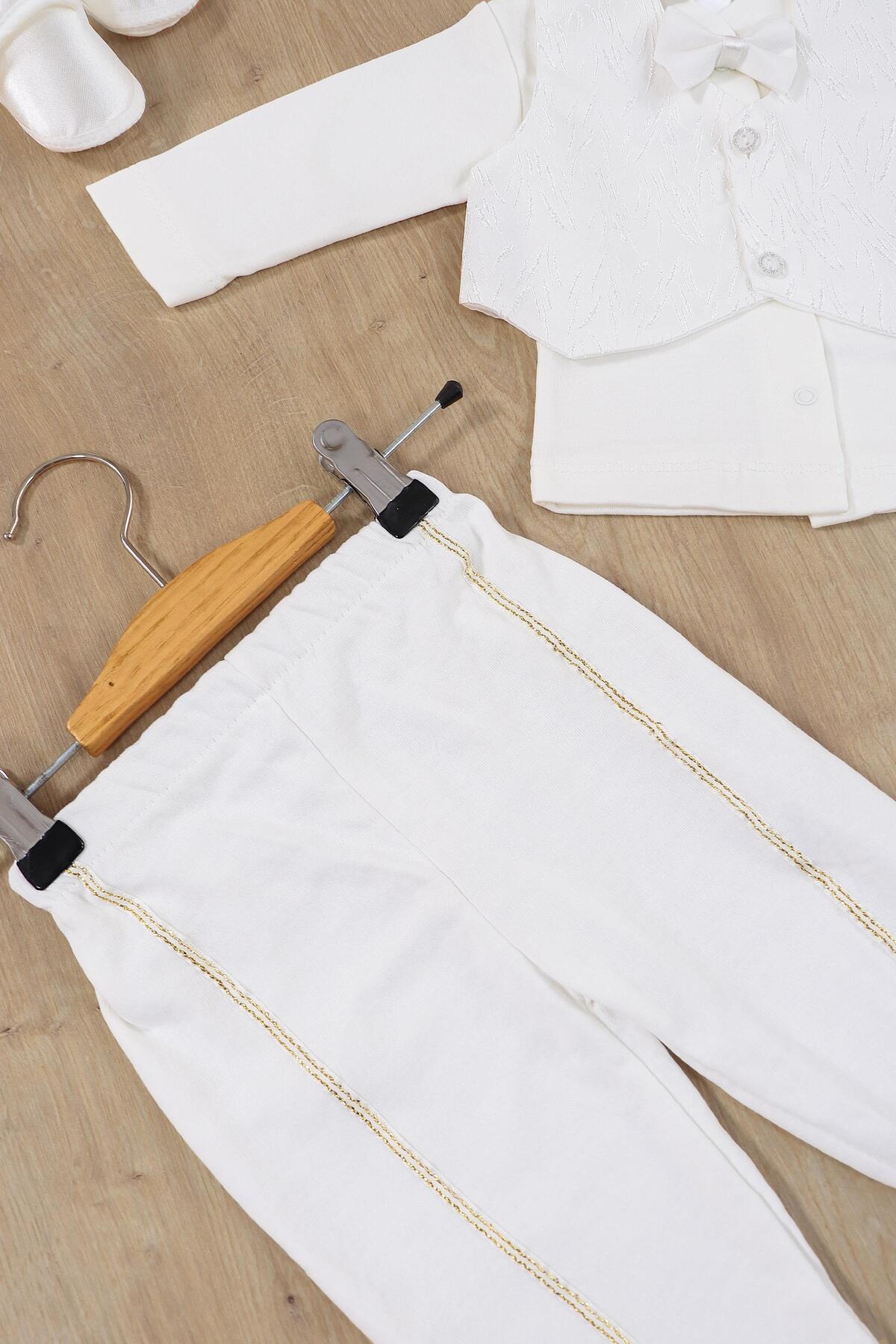 Sitilin Erkek Bebek Beyaz Yelekli Papyonlu Mevlit Takımı Lüks Özel Gün ve Mevlütlük Süslü Set 0 - 3 AY STL68 fotoğrafı 2 (önizleme)