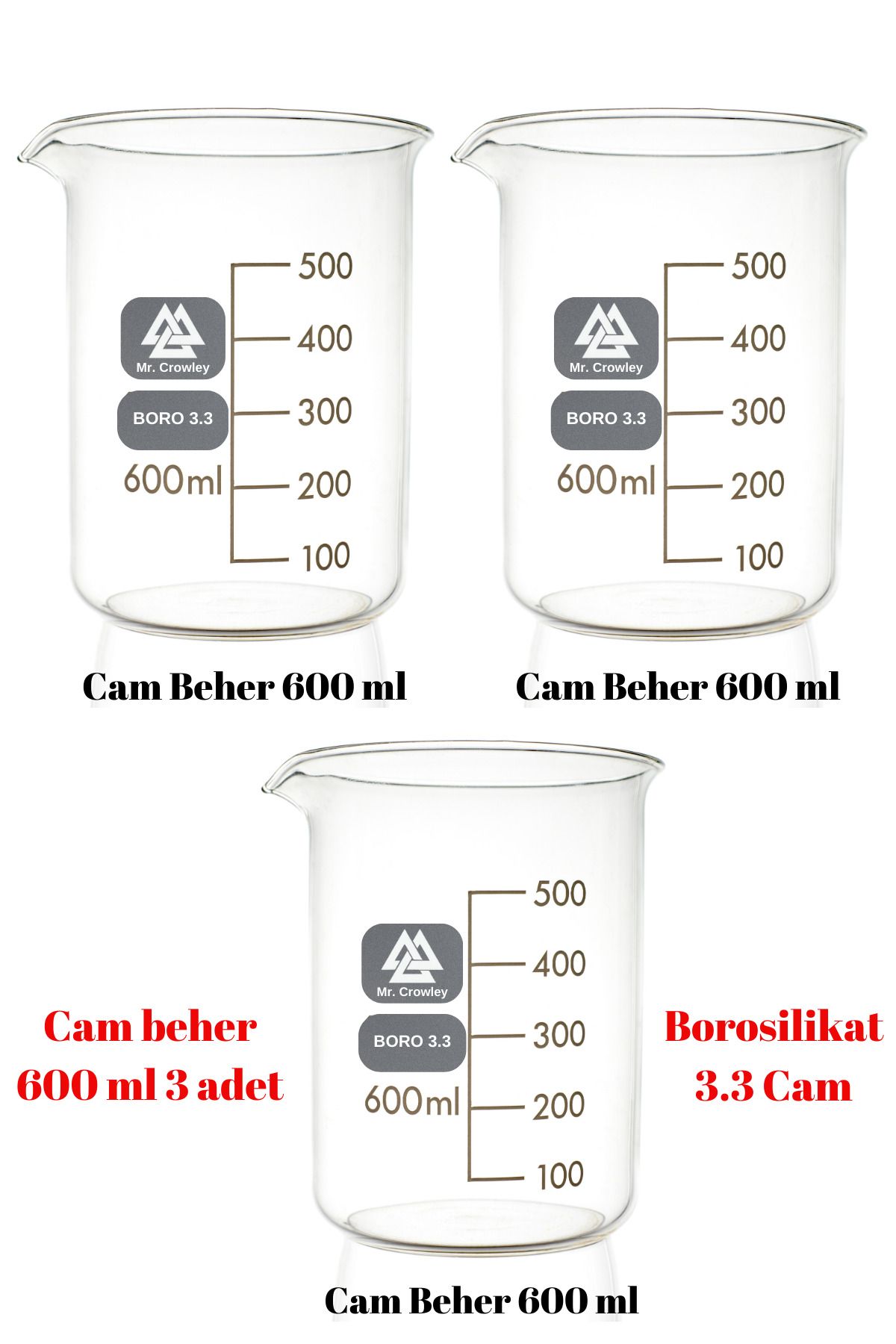 Mr. Crowley Cam Beher 600 ml 3 adet Kısa Form Isıya Dayanıklı