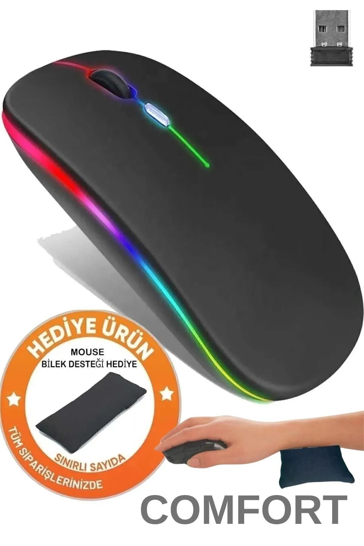 Zineets Ultra Slim Usb 2.4ghz Siyah Ledli 800/1200/1600dpi Şarjlı Kablosuz Mouse Rgb Led Işıklı