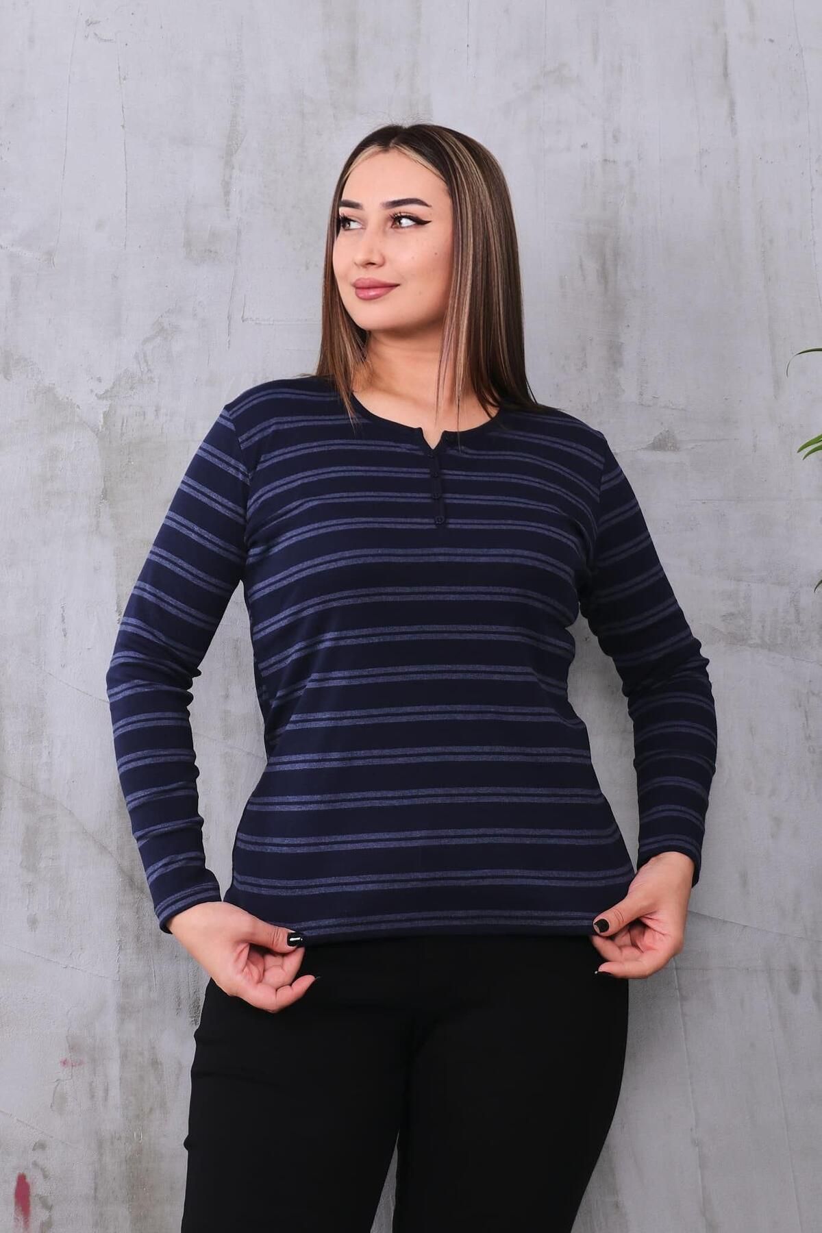 Siyezen-Plus Size Striped Cotton Lycra Basic Blouse 1