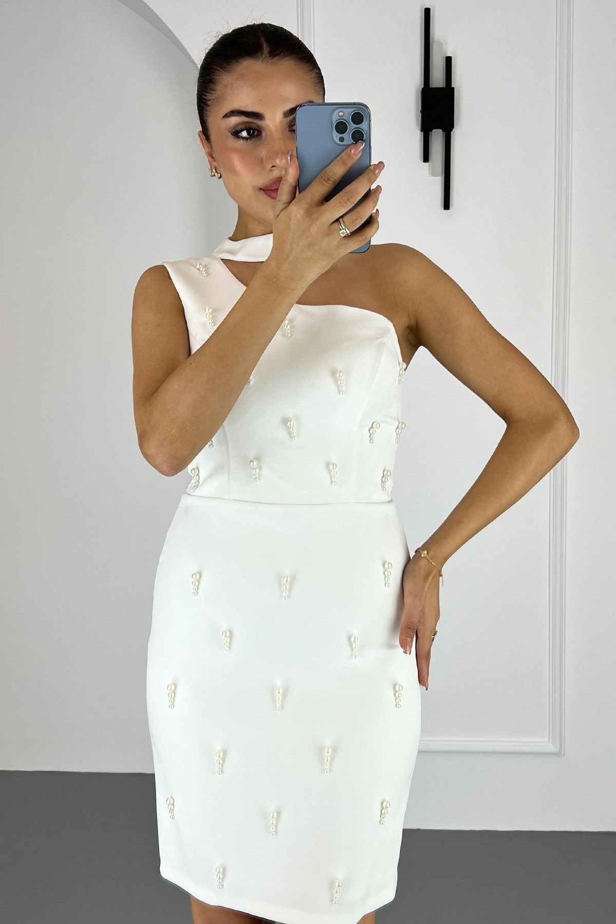 Lafaba-Women's White Pearl Mini Promise Engagement Wedding Evening Dress 3