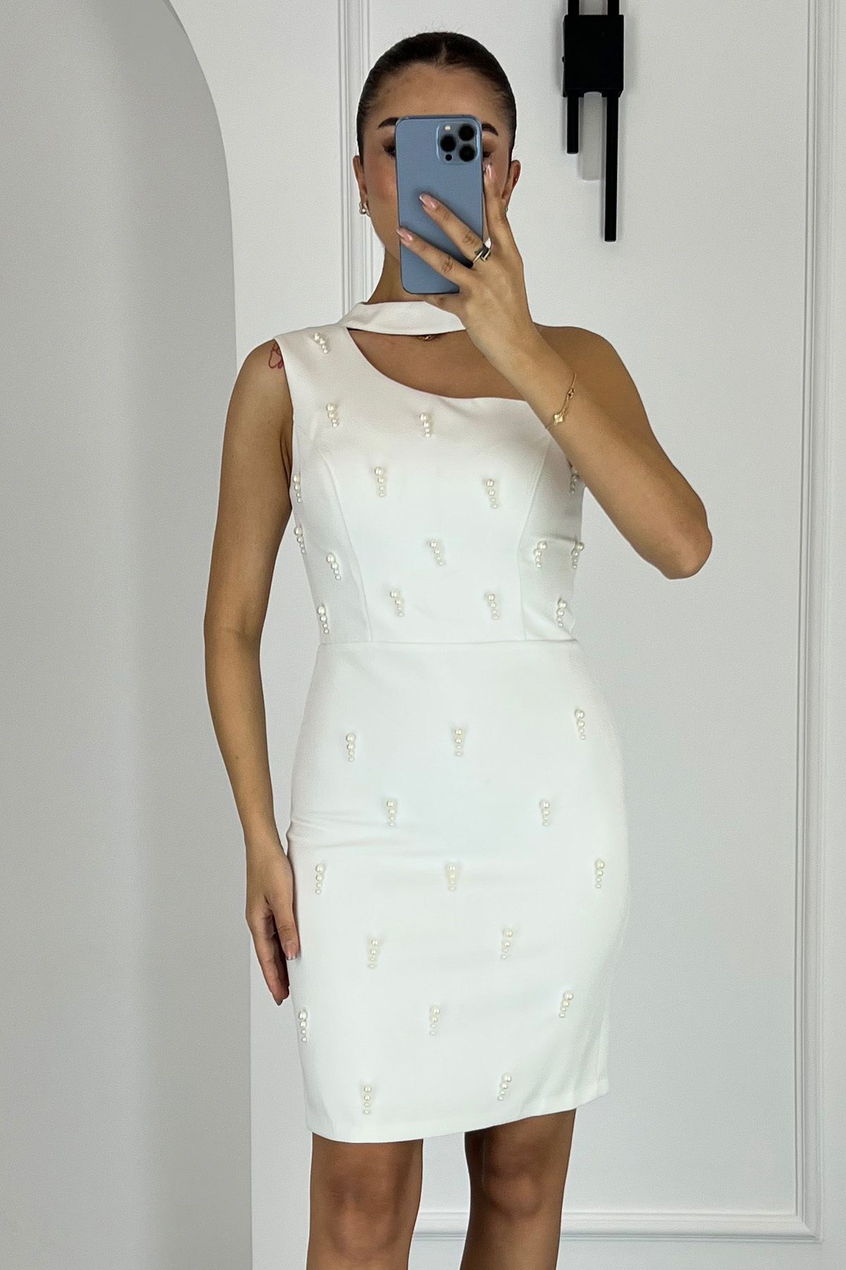 Lafaba-Women's White Pearl Mini Promise Engagement Wedding Evening Dress 1