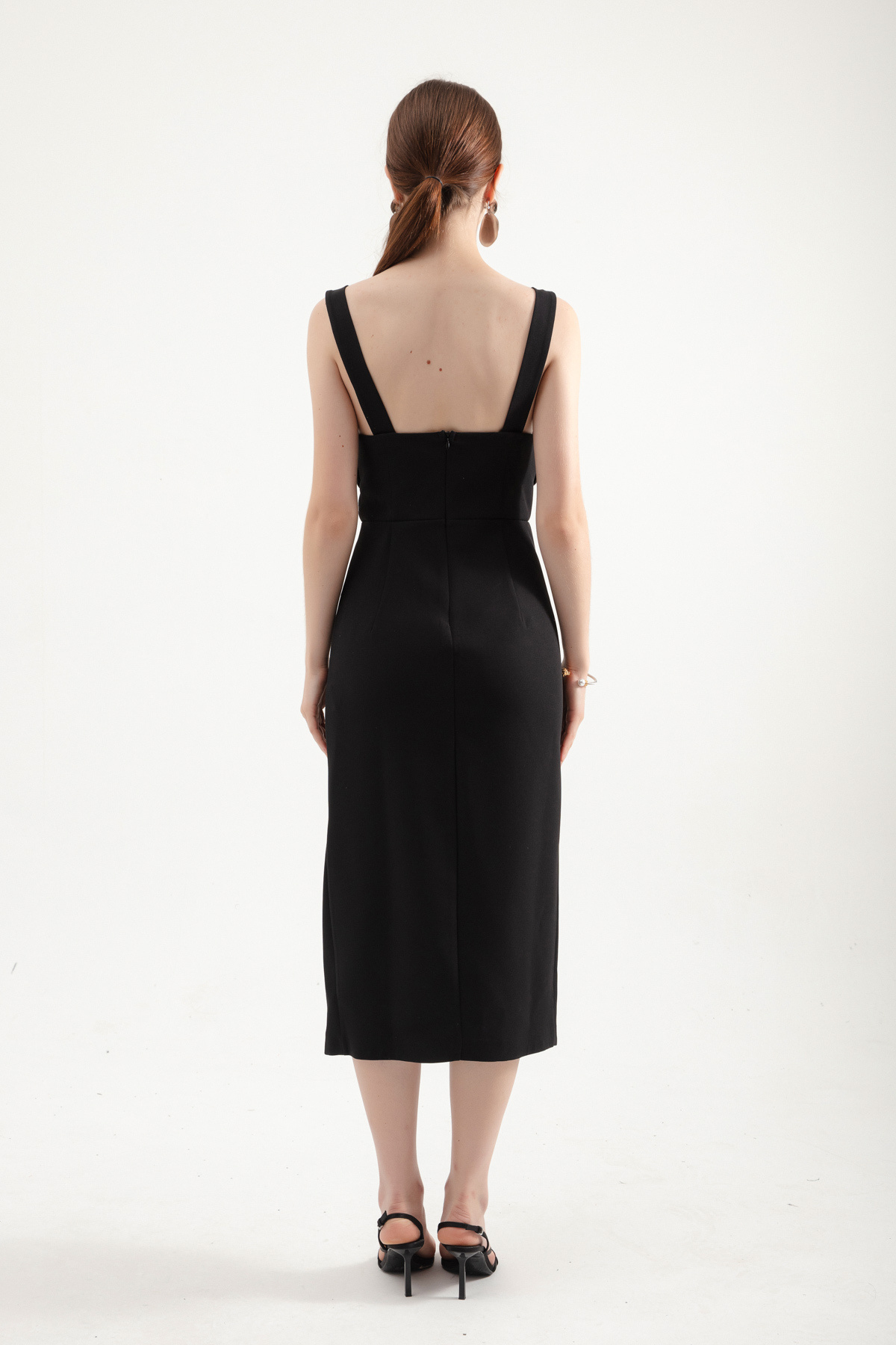 Lafaba-Μαύρο Midi Γυναικείο Φόρεμα - Strappy and Draped 5