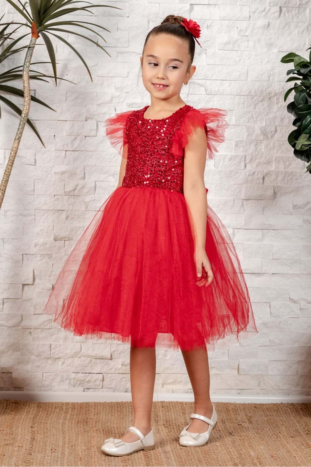 Mnk Baby&Kids Tüllü Kız Çocuk KPL Elbise MNK0526 KIRMIZI fotoğrafı 4 (önizleme)