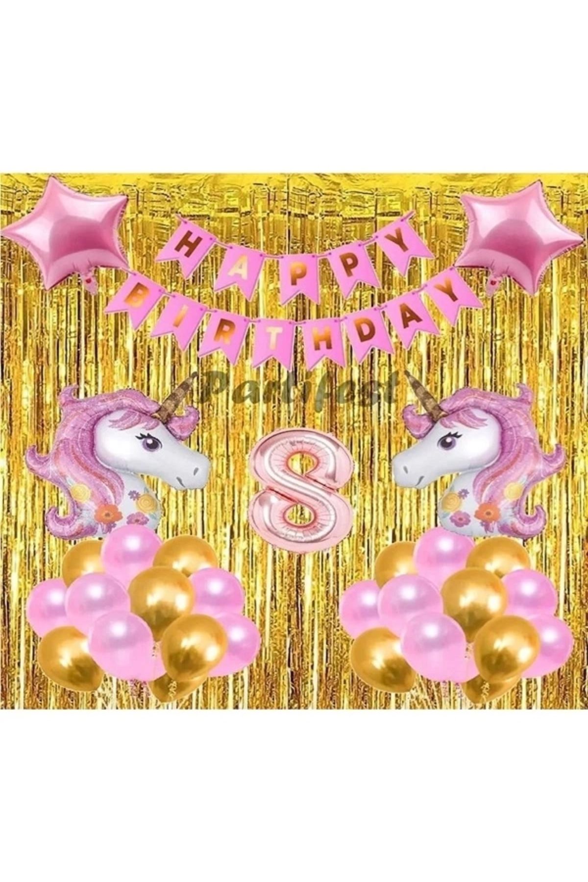 Papatya Süs Evi 8 Yaş Pembe Unicorn Konsept Balon Doğum Günü Set Gökkuşağı Unicorn Yaş Balon Set