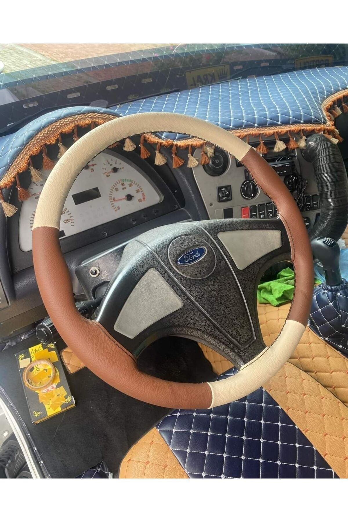 Dikişli Deri Direksiyon Kılıfı 66 Taba/bej Deri Siyah Dikişli Ford 3230 S İçin