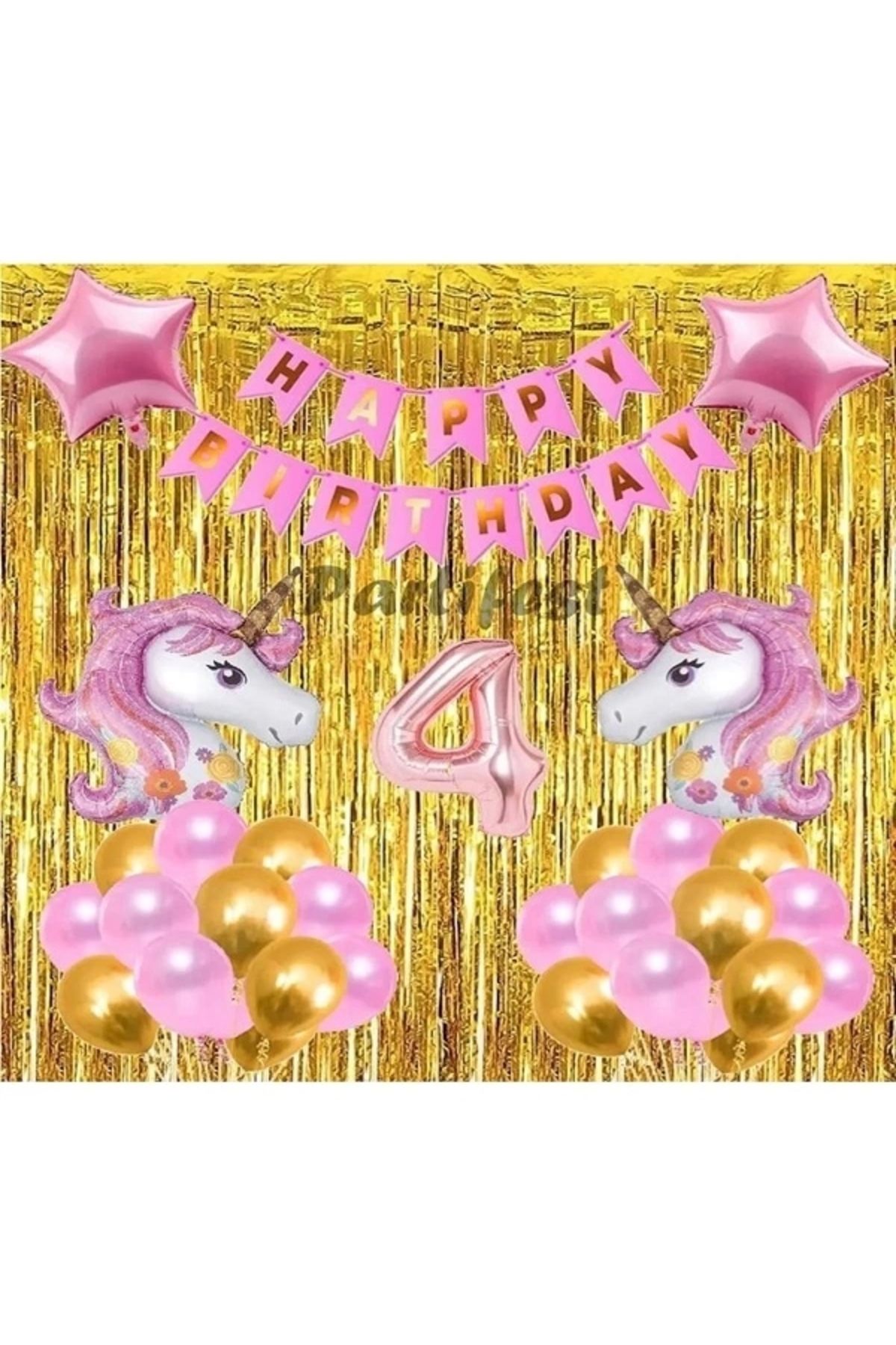 Papatya Süs Evi 4 Yaş Pembe Unicorn Konsept Balon Doğum Günü Set Gökkuşağı Unicorn Yaş Balon Set