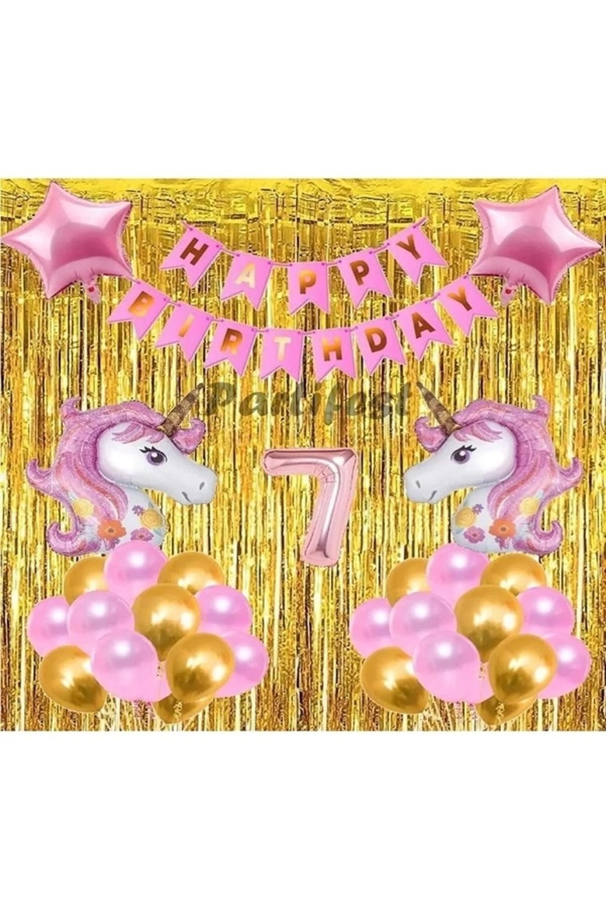 Papatya Süs Evi 7 Yaş Pembe Unicorn Konsept Balon Doğum Günü Set Gökkuşağı Unicorn Yaş Balon Set