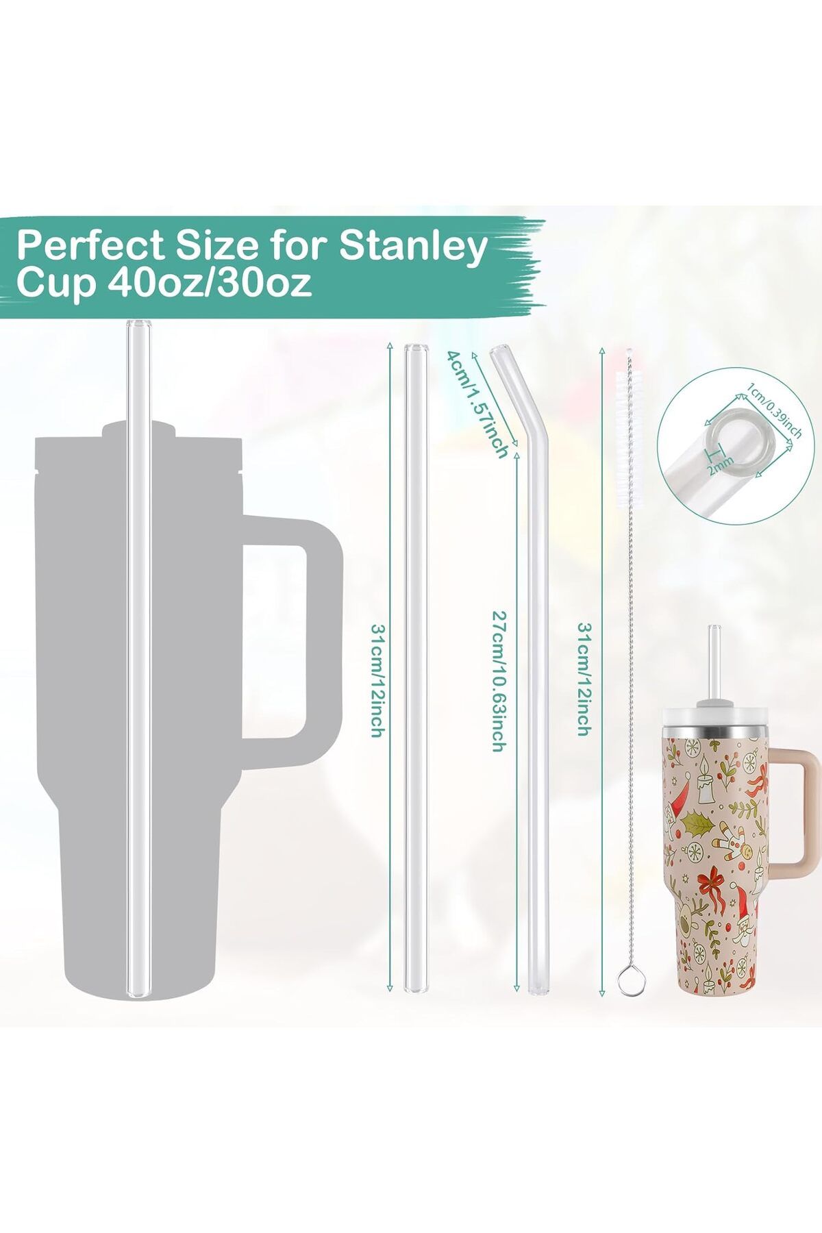 madamina 4 lü Eğimli Cam Pipet, Stanley Adventure Quencher 31 cm 1 fırça 1 pipet tıpası